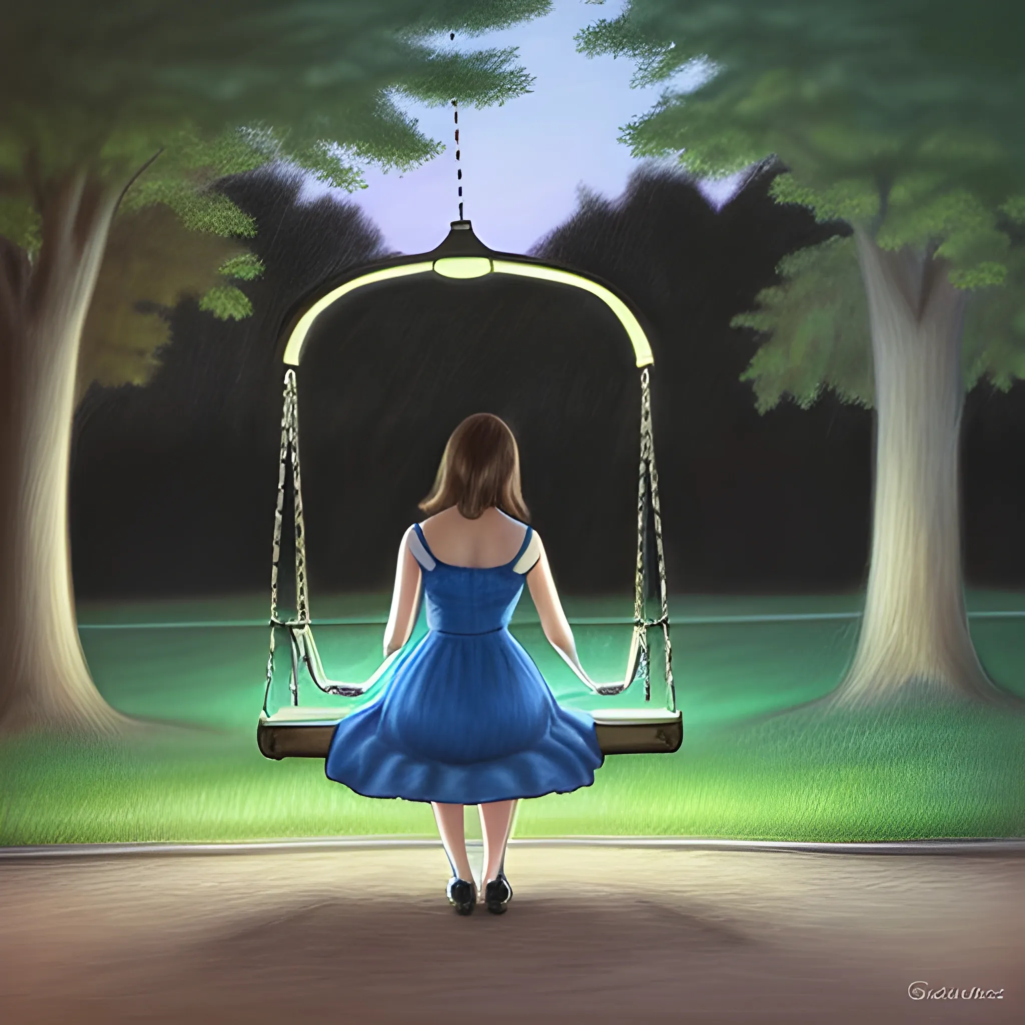 Realistic drawing of a swing, in a park, illuminated, at night, with a woman sitting, looking towards the ground, with a blue dress and brown hair, very beautiful
