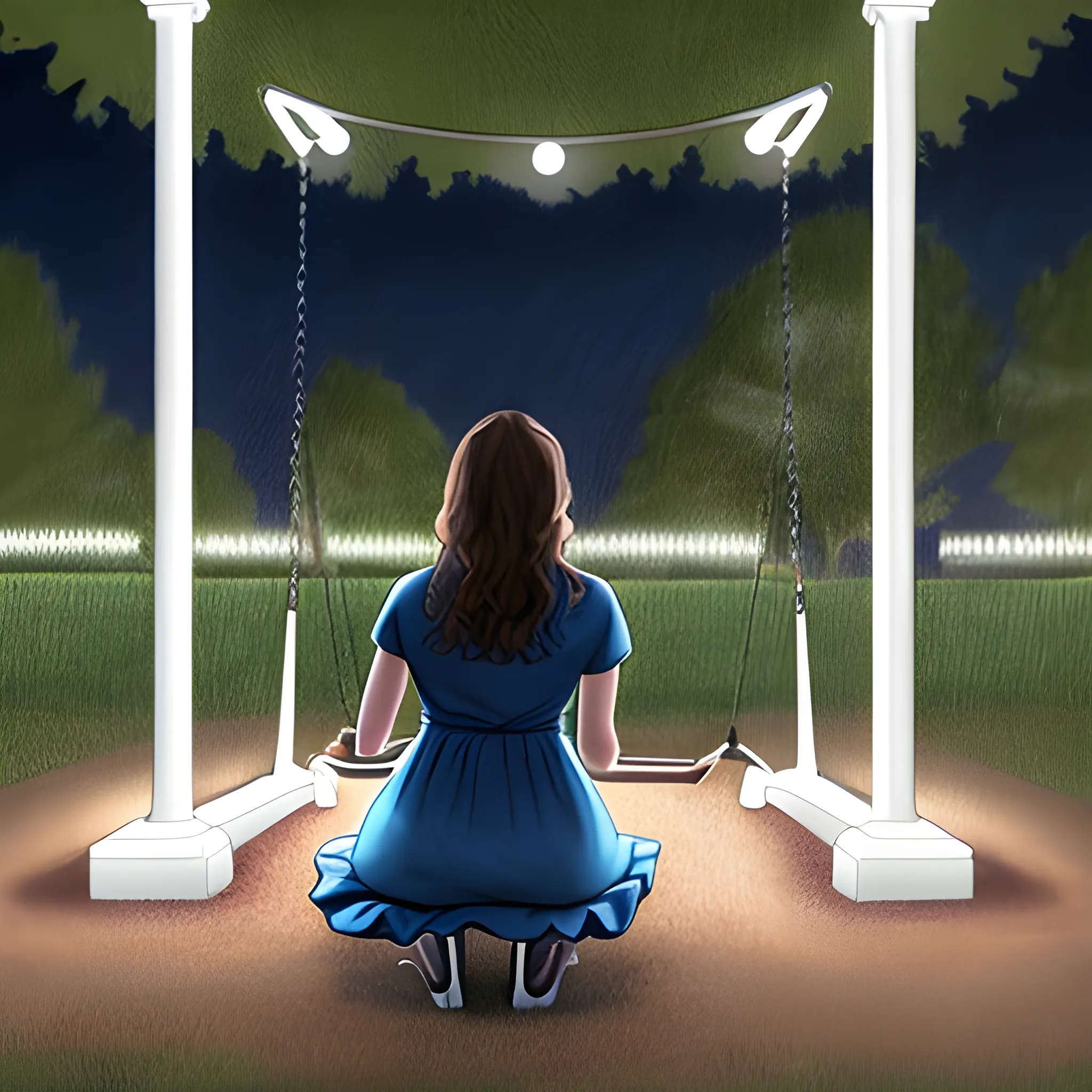 Realistic drawing of a swing, in a park, illuminated, at night, with a woman sitting, from the front, looking at the ground, with a blue dress and brown hair, very beautiful, a man, in a brown shirt, white t-shirt and black pants standing in the distance looking at her

