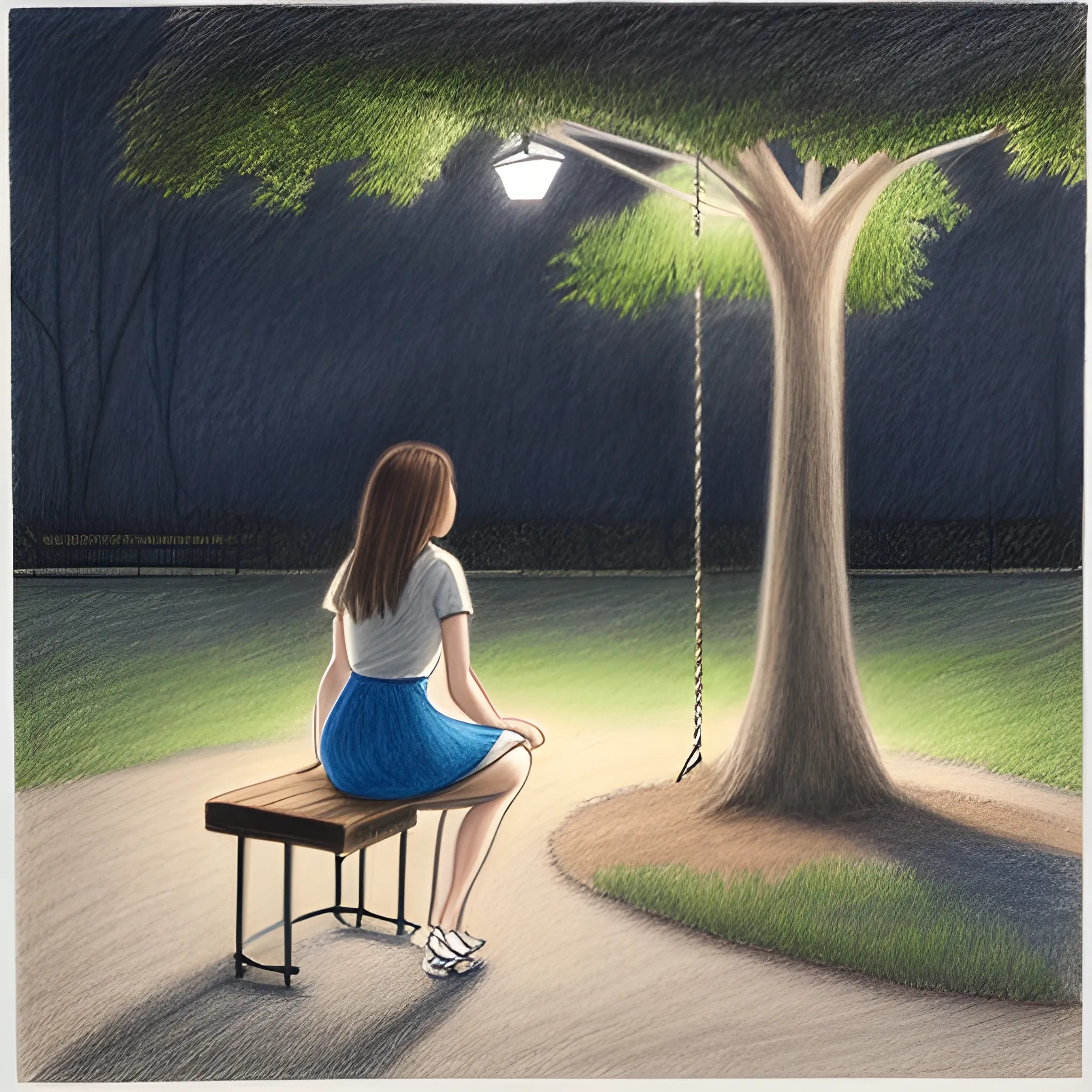 Realistic drawing of a swing, in a park, illuminated, at night, with a woman sitting, from the front, looking at the ground, with a blue dress and brown hair, very beautiful, a man, in a brown shirt, white t-shirt and black pants standing in the distance looking at her

