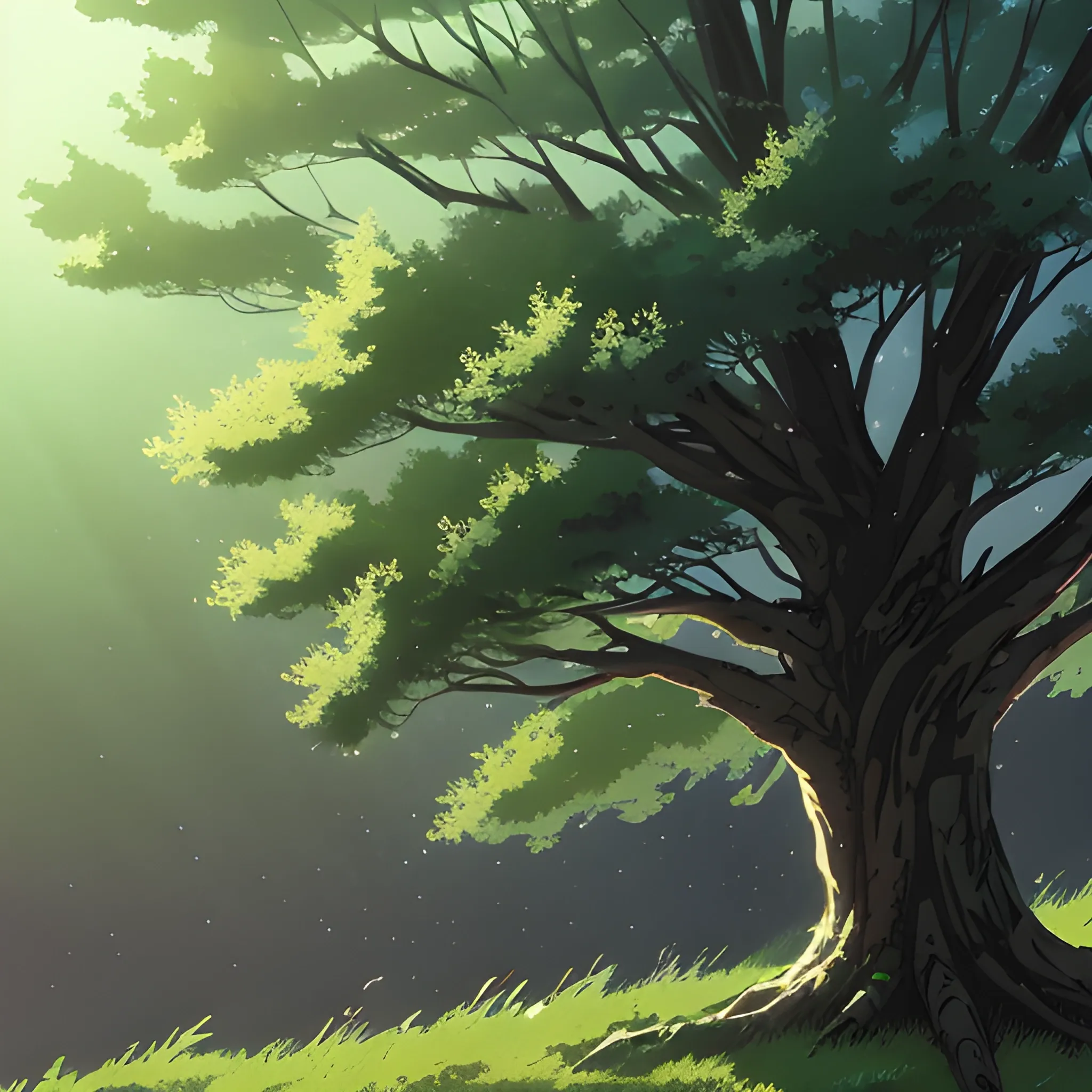 close-up tree branches... in the style of makoto shinkai and greg rutkowski and albert bierstadt and james gurney