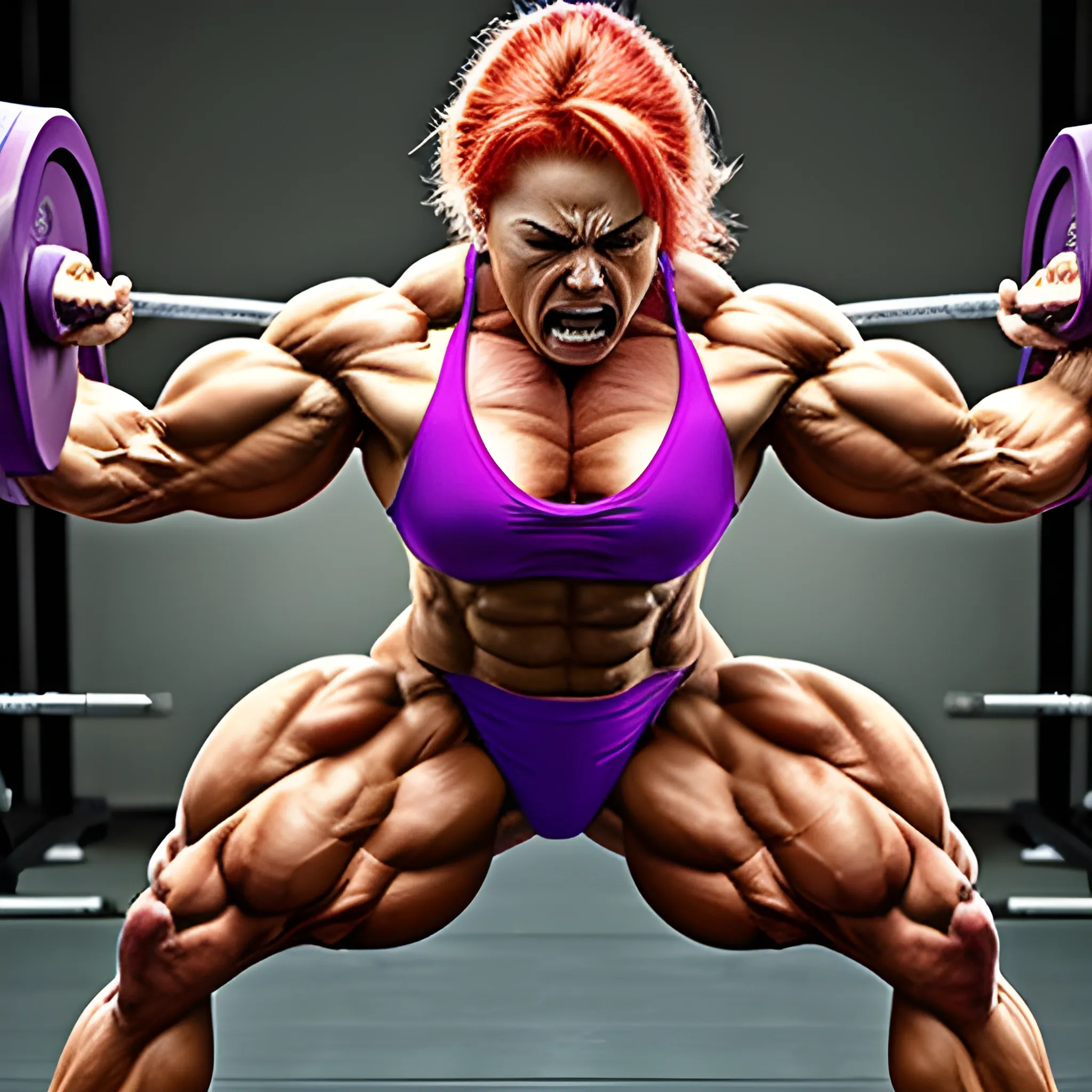 Female bodybuilder raging like hulk, bending bar