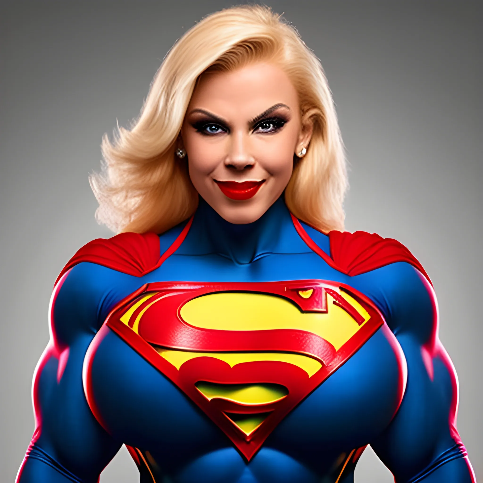 Abnormally massive and stunningly gorgeous Female bodybuilder with with super human strength, with sensual smile and full red lips, with blonde hair, flexing huge bicep peaks, busty musculature, wearing black superman suit with tight long sleeves, view flying over skyline