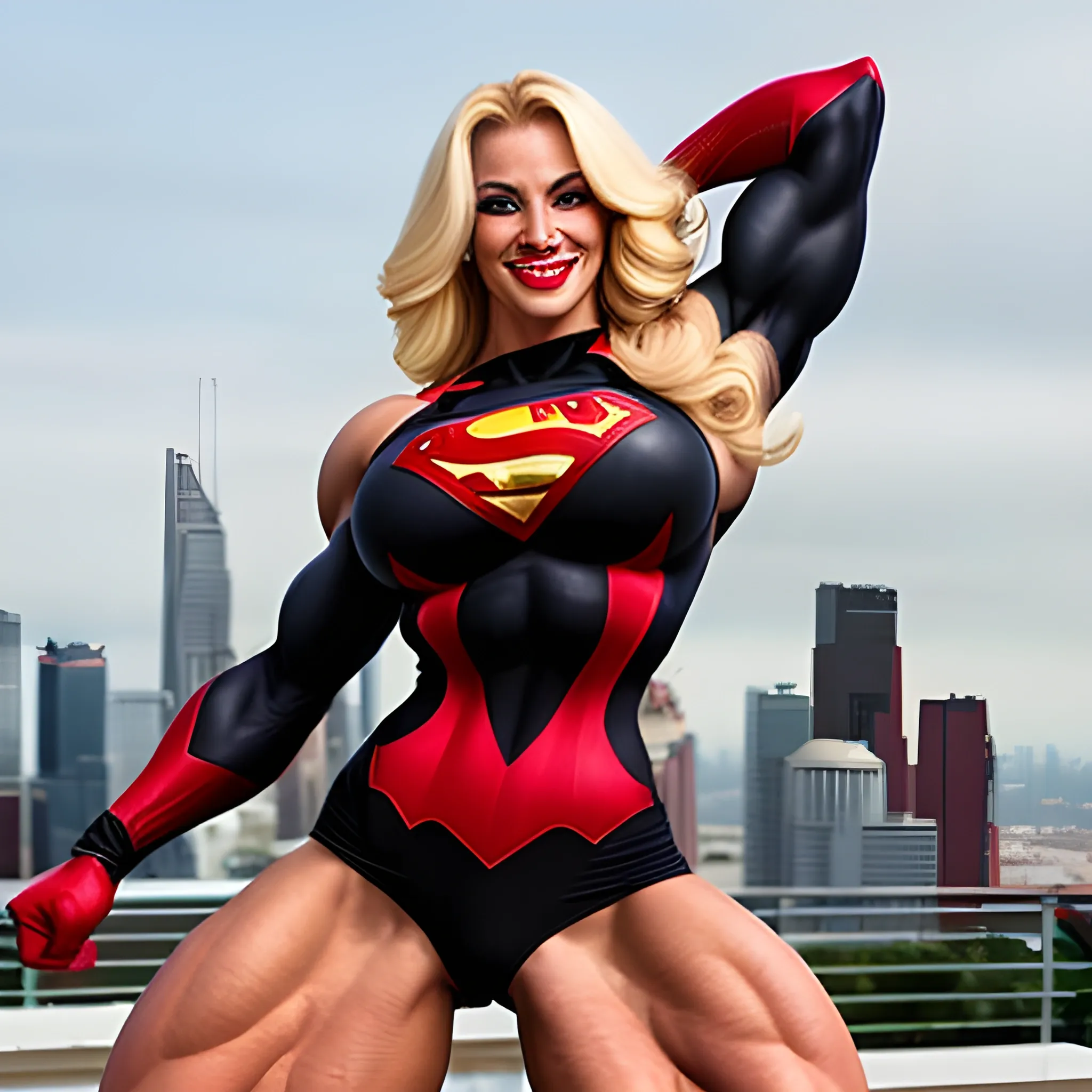 Abnormally massive and stunningly gorgeous Female bodybuilder with super human strength, with sensual smile and full red lips, with blonde hair, busty musculature, wearing black superman suit with tight long sleeves, flexing huge biceps peaks, flying over skyline