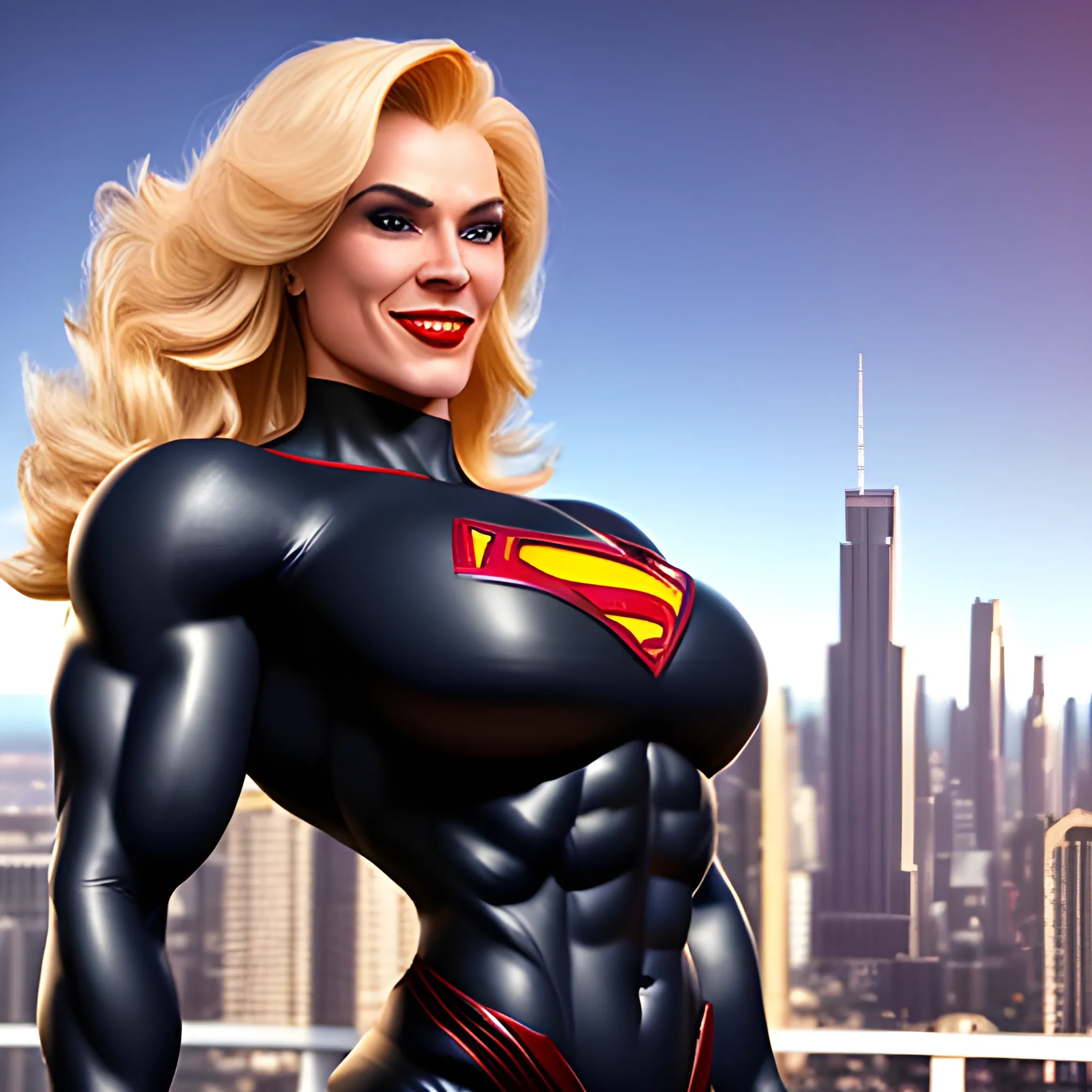 Abnormally massive and stunningly gorgeous Female bodybuilder with super human strength, with sensual smile and full red lips, with blonde hair, busty musculature, wearing black superman suit with tight long sleeves, flexing huge biceps peaks, flying over skyline, 3D