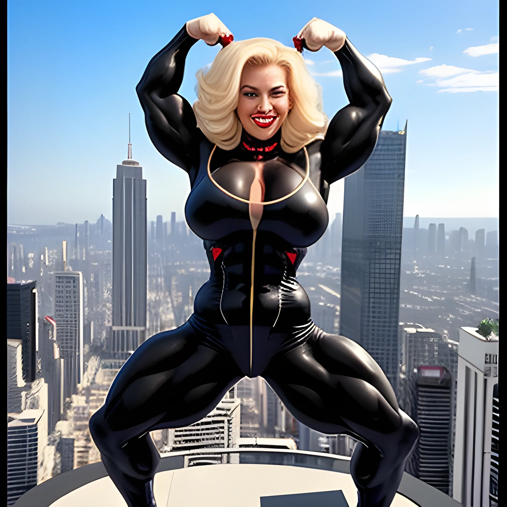 Abnormally massive and stunningly gorgeous Female bodybuilder with super human strength, with sensual smile and full red lips, with blonde hair, busty musculature, wearing black cat suit with tight long sleeves, flexing huge biceps peaks, flying over skyline, 3D