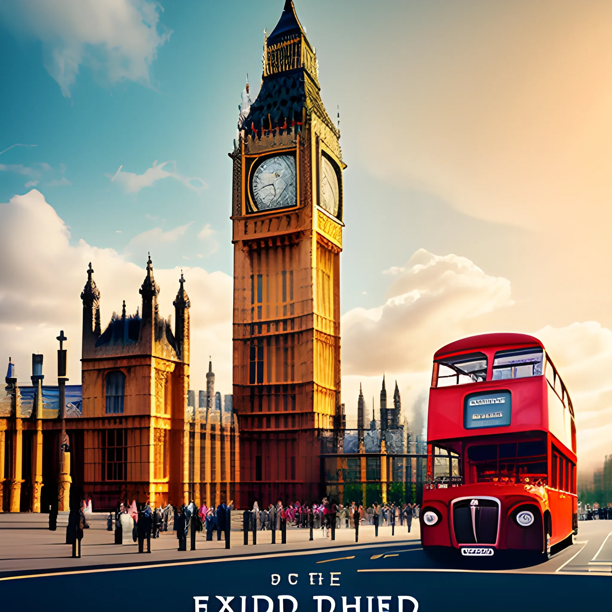 Poster Title: Explore Britain

Background: The iconic Big Ben, red double-decker bus, British Museum, UK Visa