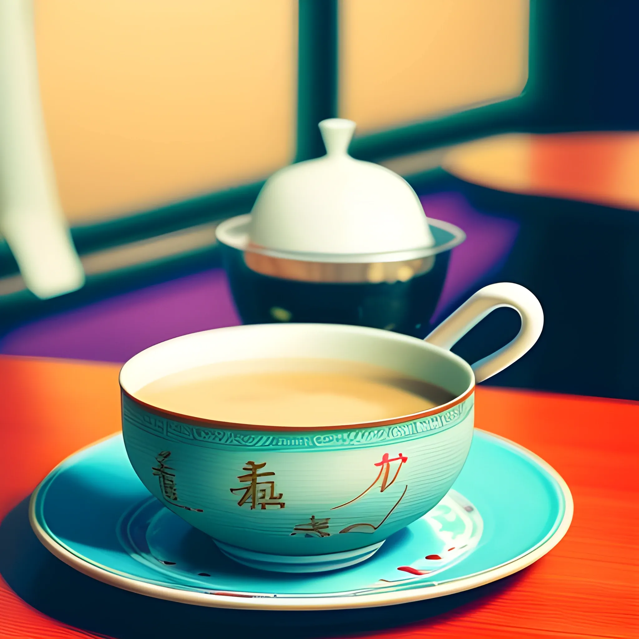 cinamatic still, Hong Kong style hot milk tea in a chinese designcup and saucer, in a traditional Hong Kong cafe, give the cafe a colourful indoor scene look, 16:9