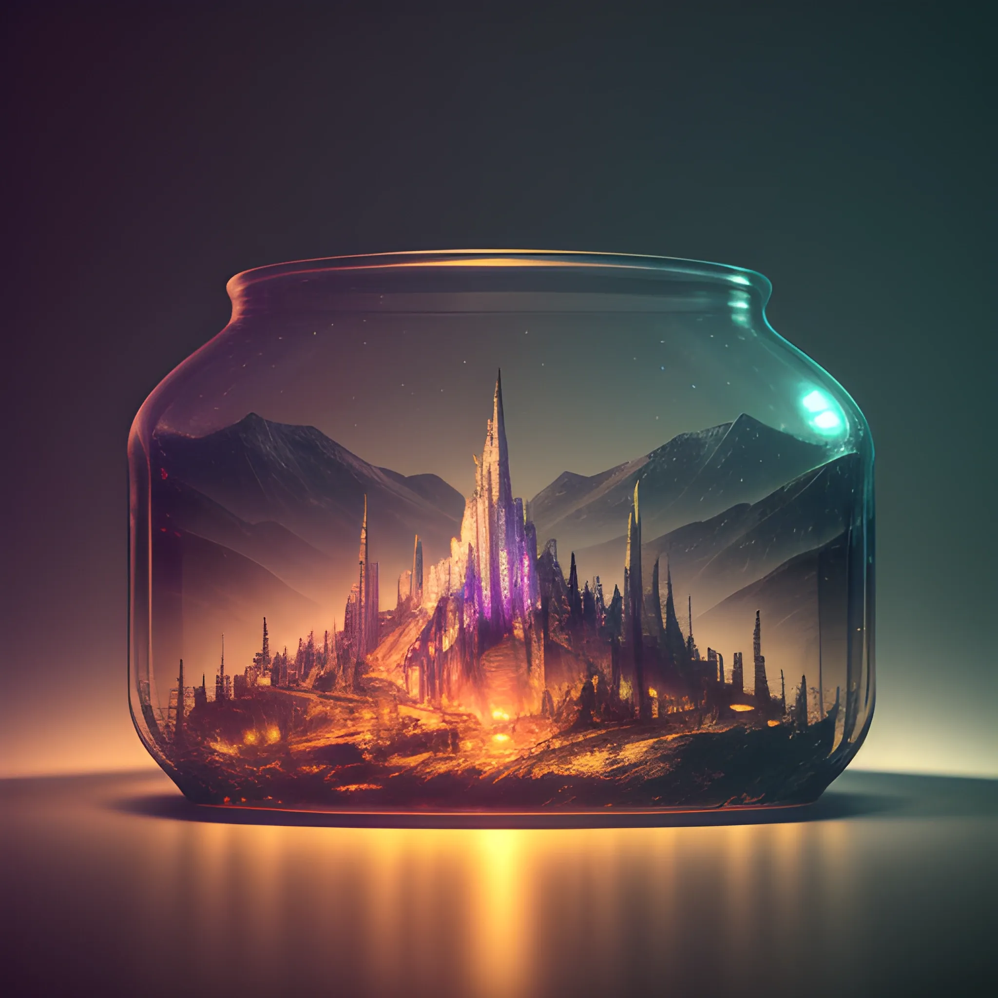 An intricate landscape trapped in a bottle, atmospheric lighting, 4k UHD, dark vibes, hyper detailed, vibrant colours, epic composition, octane render, sharp focus, high resolution isometric, 3D