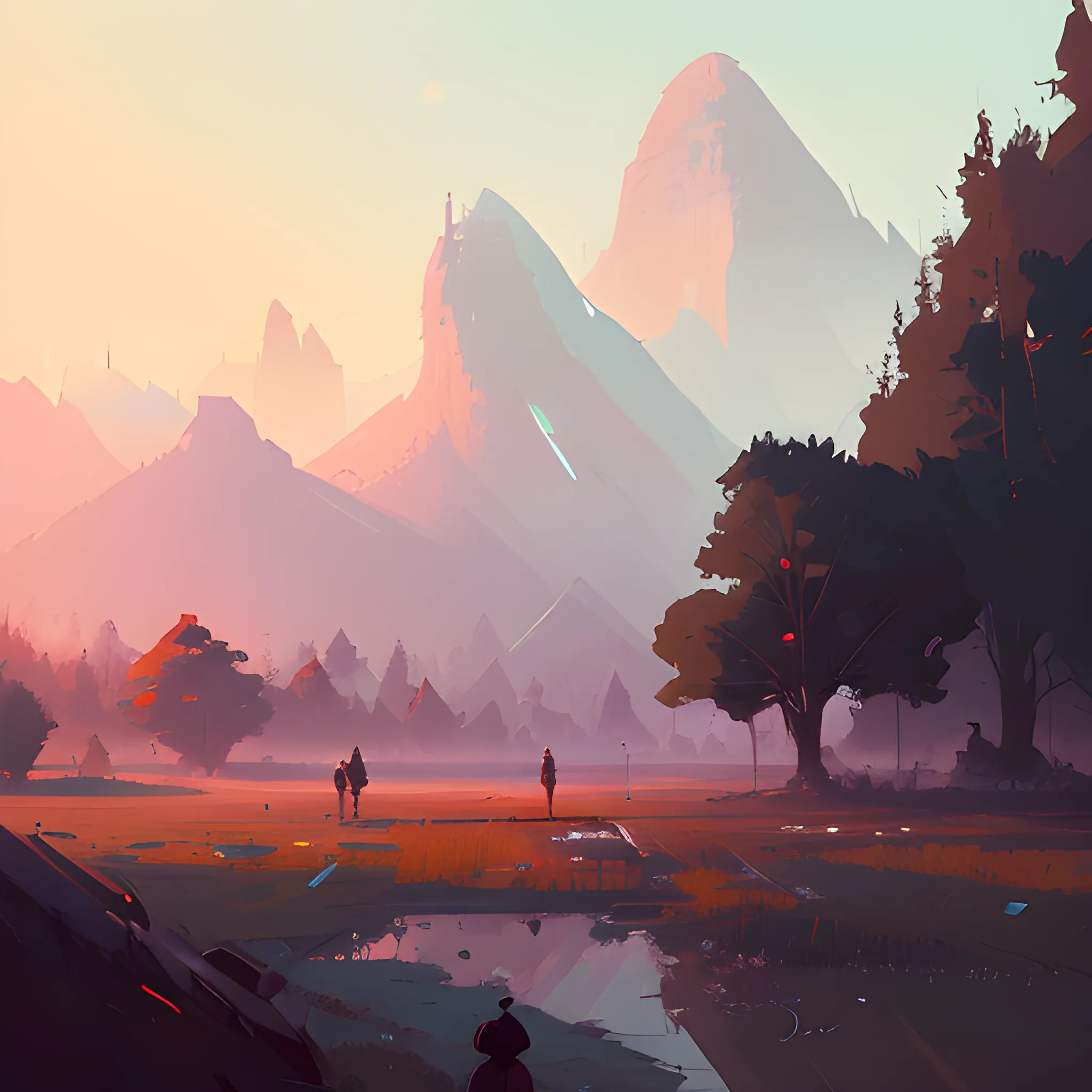 A beautiful landscape at dawn by atey ghailan, ismail inceoglu, michal lisowski, artstation, volumetric light, high detail, perfect
, 3D