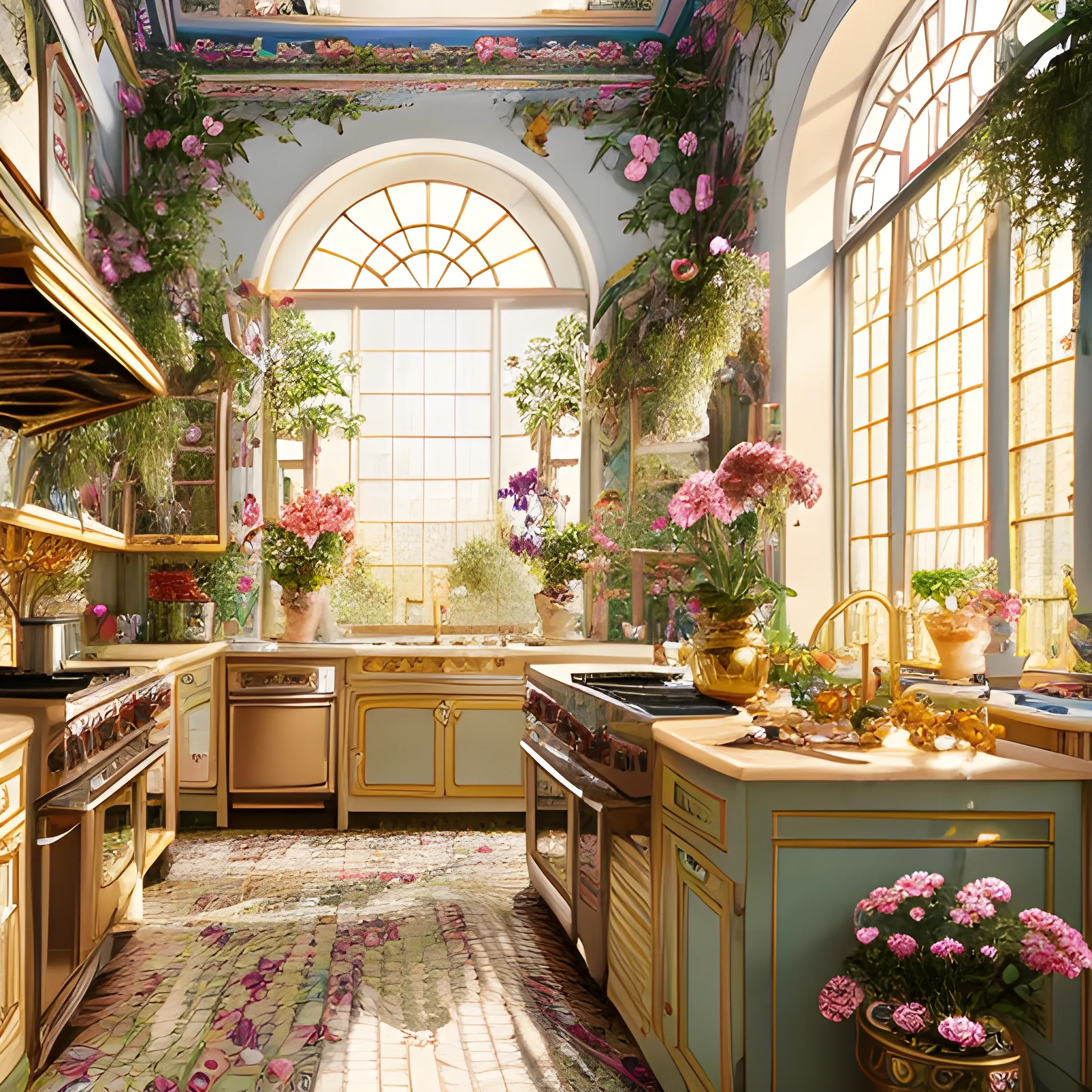 maximalist kitchen with lots of flowers and plants, golden light, award winning masterpiece with incredible details big windows, highly detailed, harper's bazaar art, fashion magazine, smooth, sharp focus, 8k, octane rende, 3D