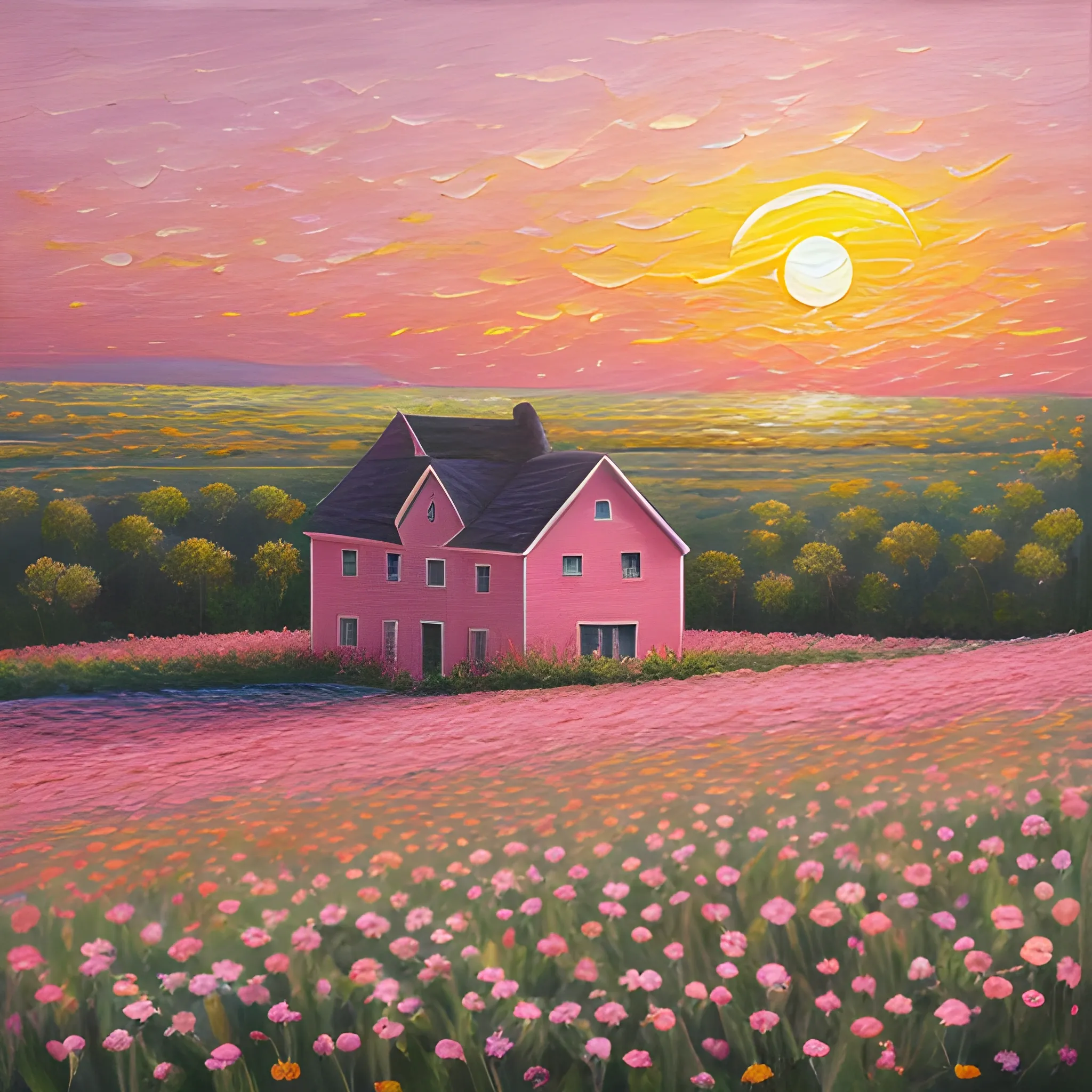  chamomile field, pink sunset, house, distant view

, 3D, Oil Painting