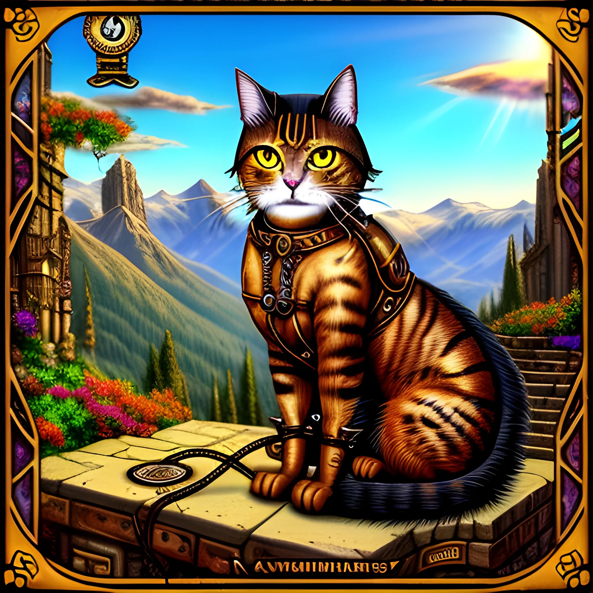 Little steampunk cat in the mountains, sunlight, Steps: 30, Sampler: DPM++ 2S a Karras, CFG scale: 7, Seed: 303954034, , Trippy