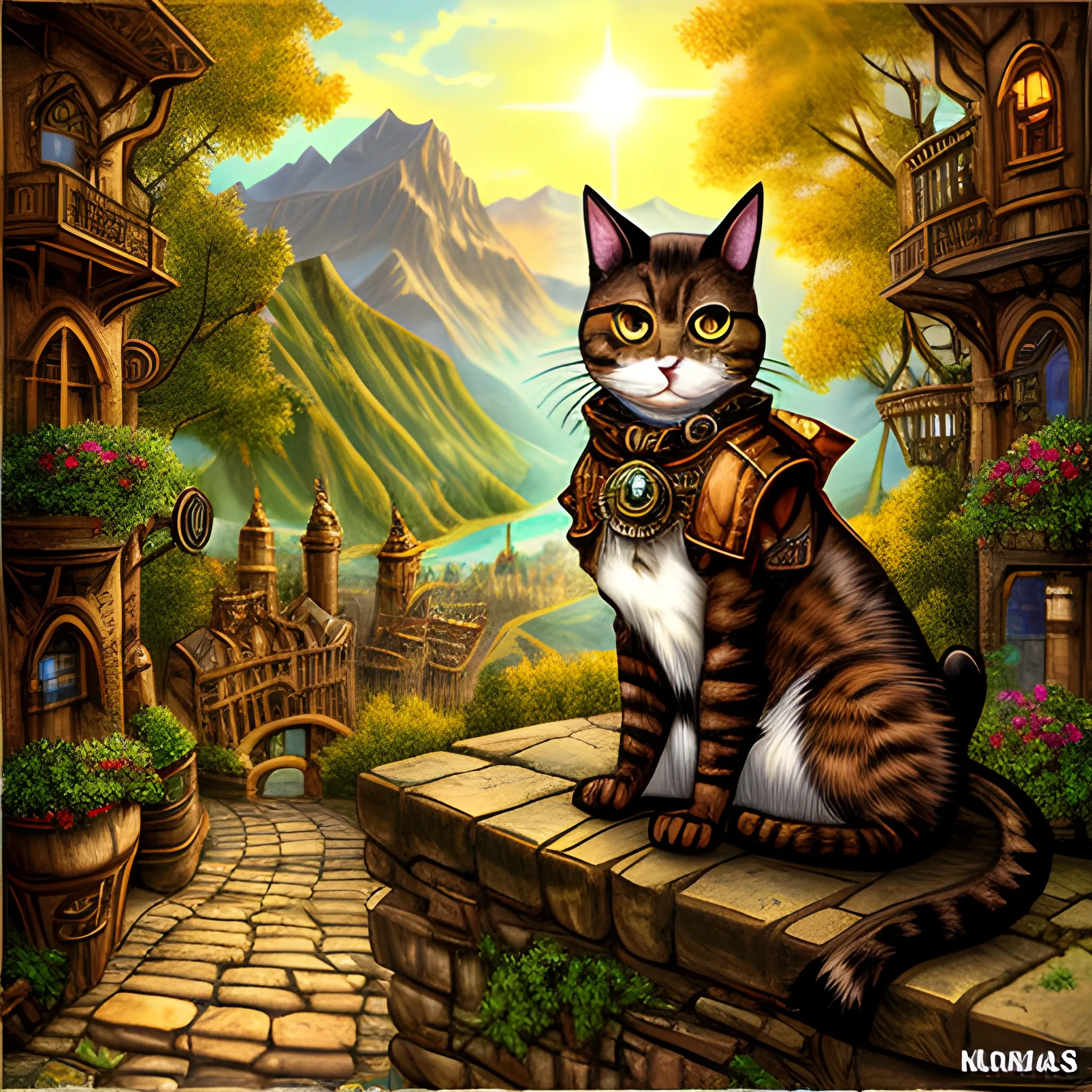 Little steampunk cat in the mountains, sunlight, Steps: 30, Sampler: DPM++ 2S a Karras, CFG scale: 7, Seed: 303954034, Cartoon