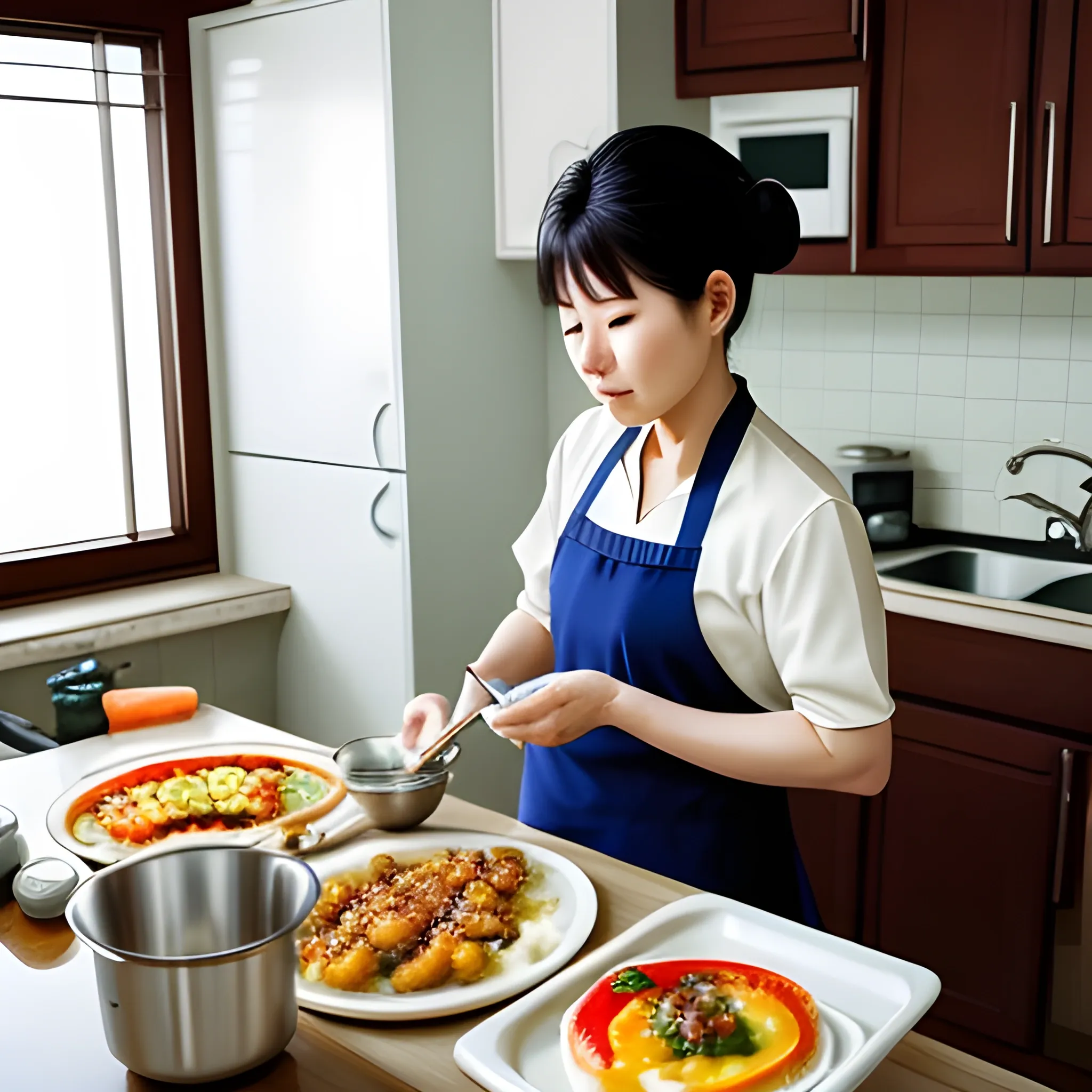  a Korean homemaker  prepares breakfast at the kitchen