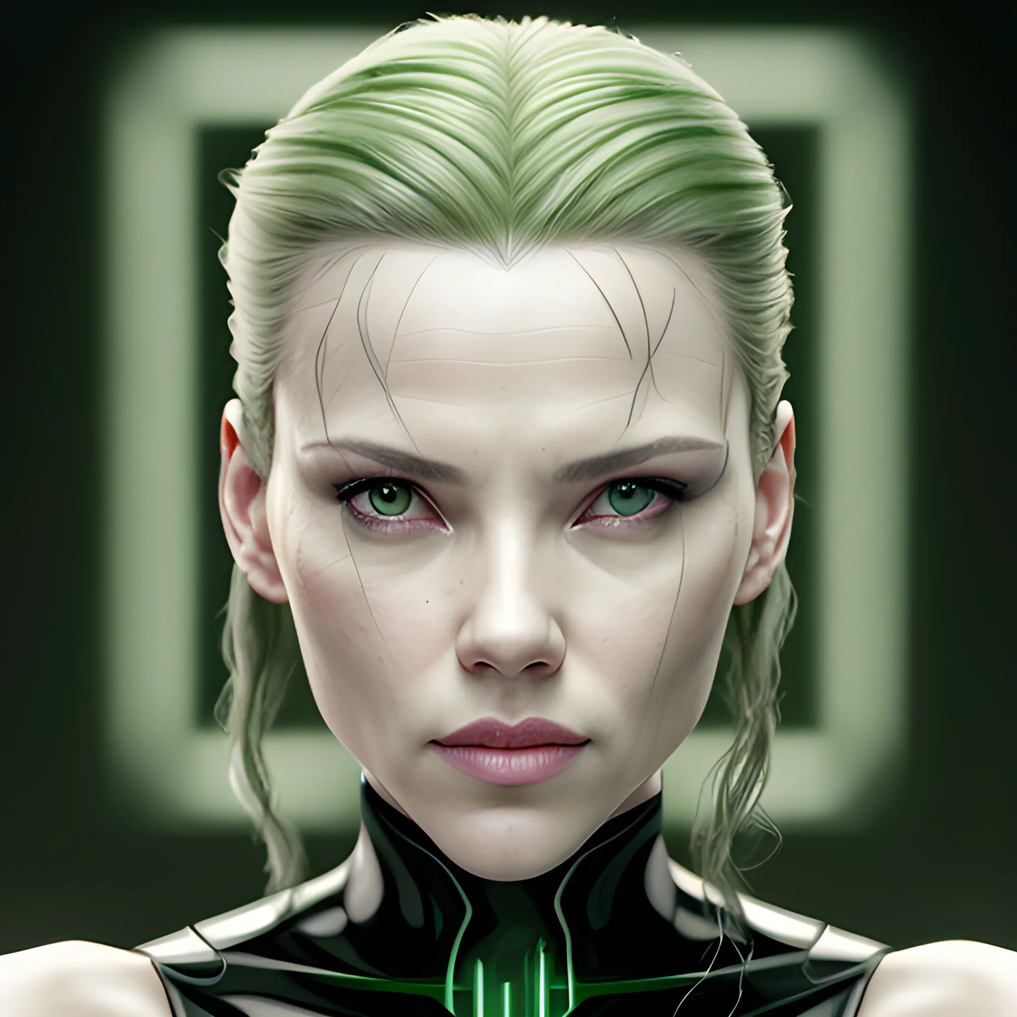 Scarlett Johannsen as Trinity in Matrix, green tones, solemn and elegant, professional photography, best quality, ultra high res, photorealistic, very detailed, very fine hair, detailed skin, HD, photorealistic, brilliant teeth, Pencil Sketch