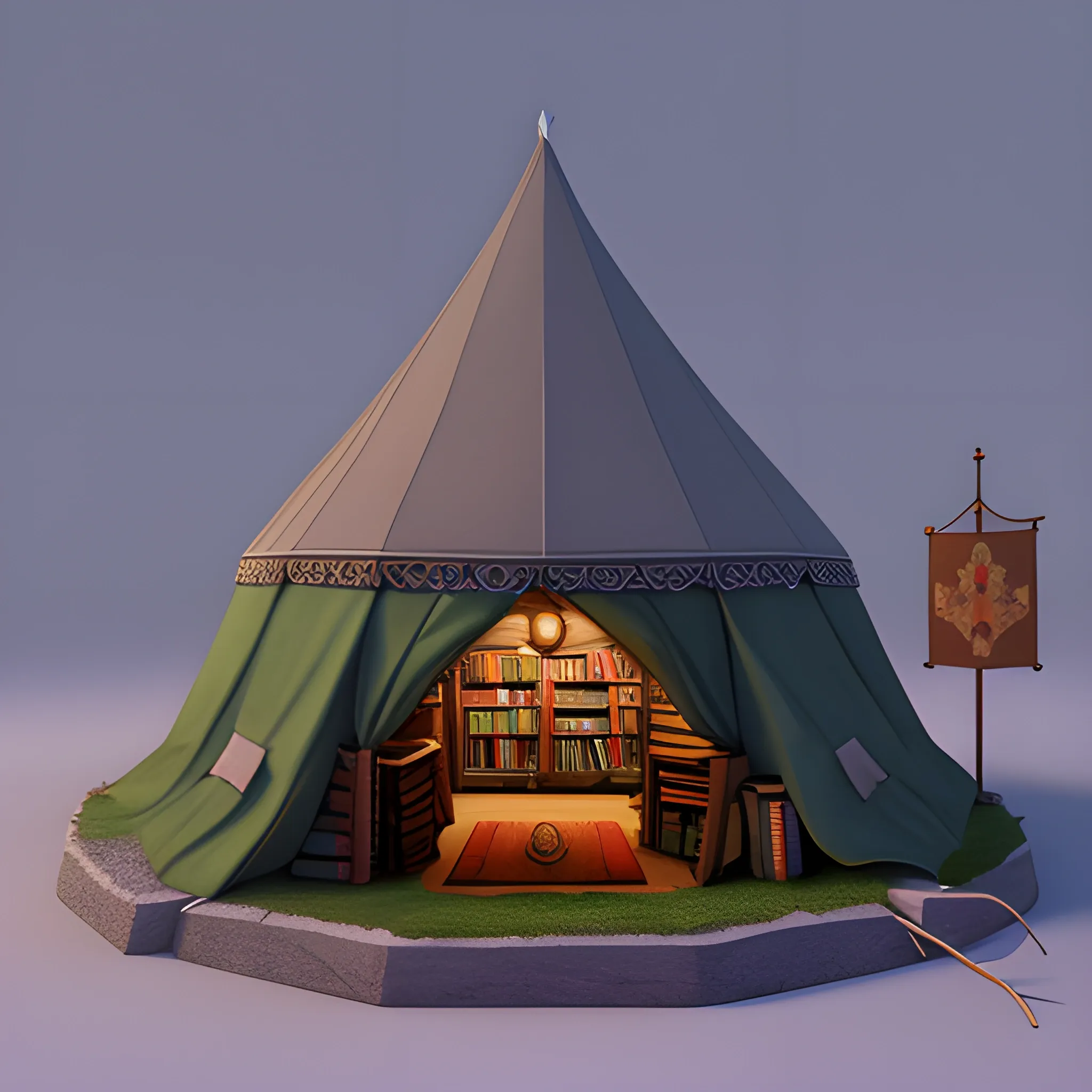 closed medival tent with a library, in front of a big high medival city and a gnome. by magic the Inside is bigger then the outside

, 3D