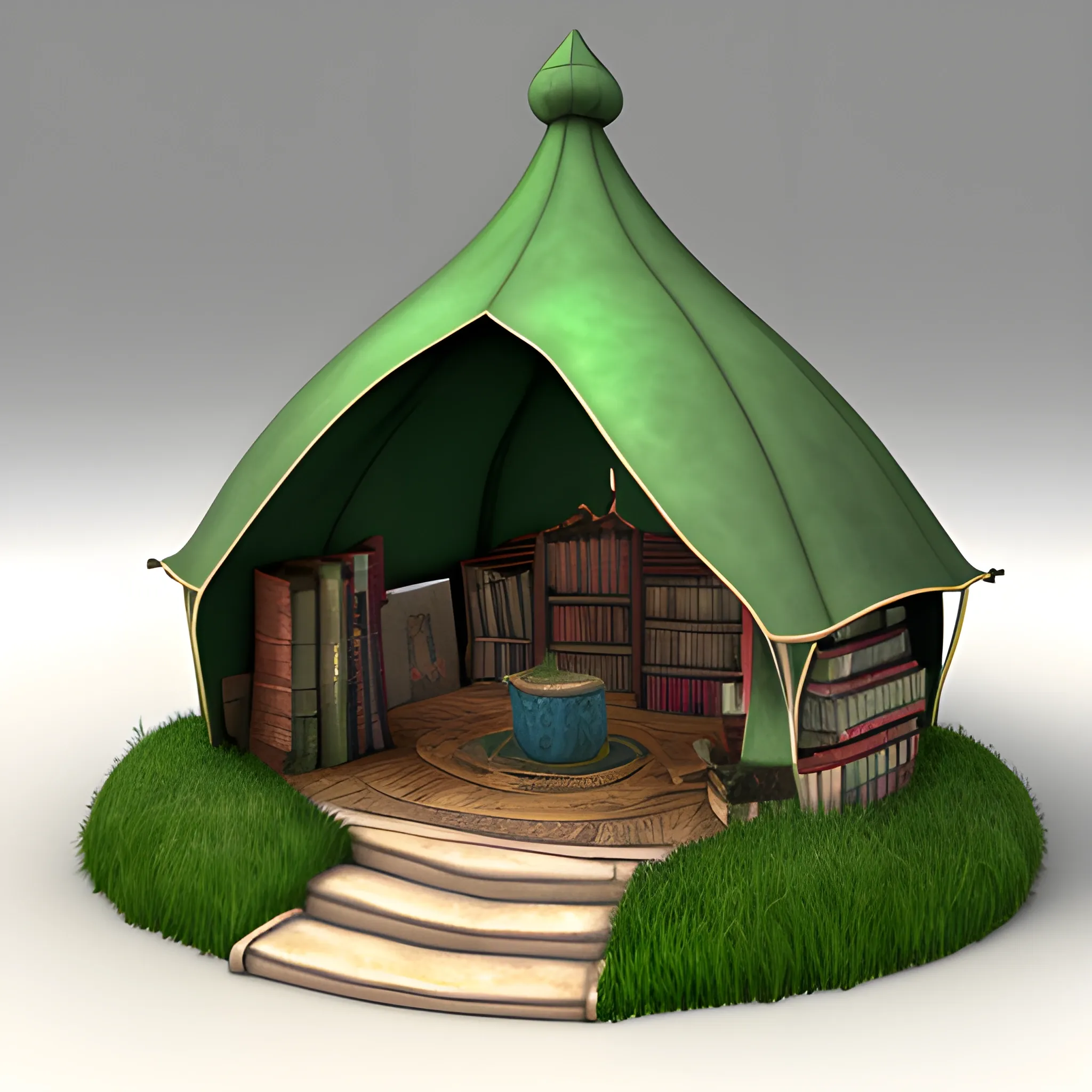 closed medival tent with a library, in front of a big high medival city and a gnome. by magic the Inside is bigger then the outside

, 3D, Water Color