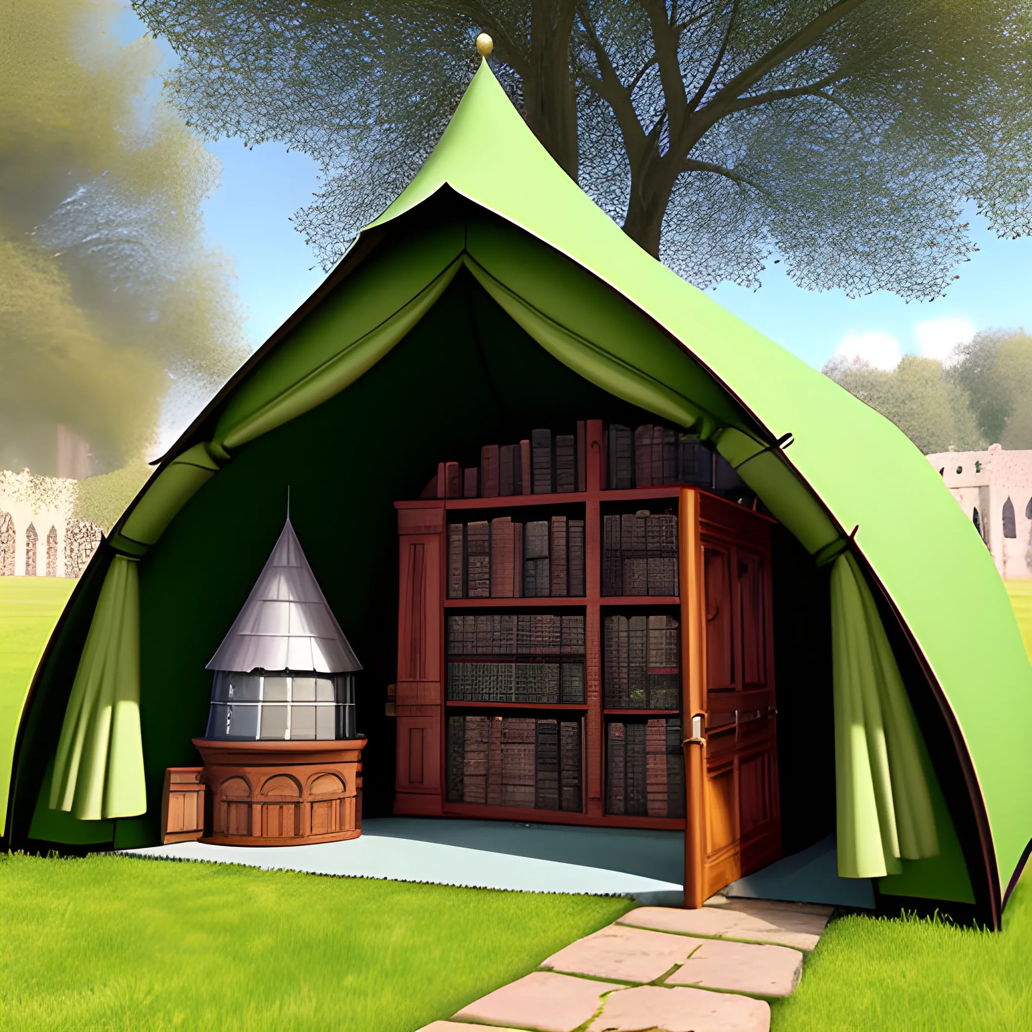 closed medival tent with a library, in front of a big high medival city and a gnome. by magic the Inside is bigger then the outside