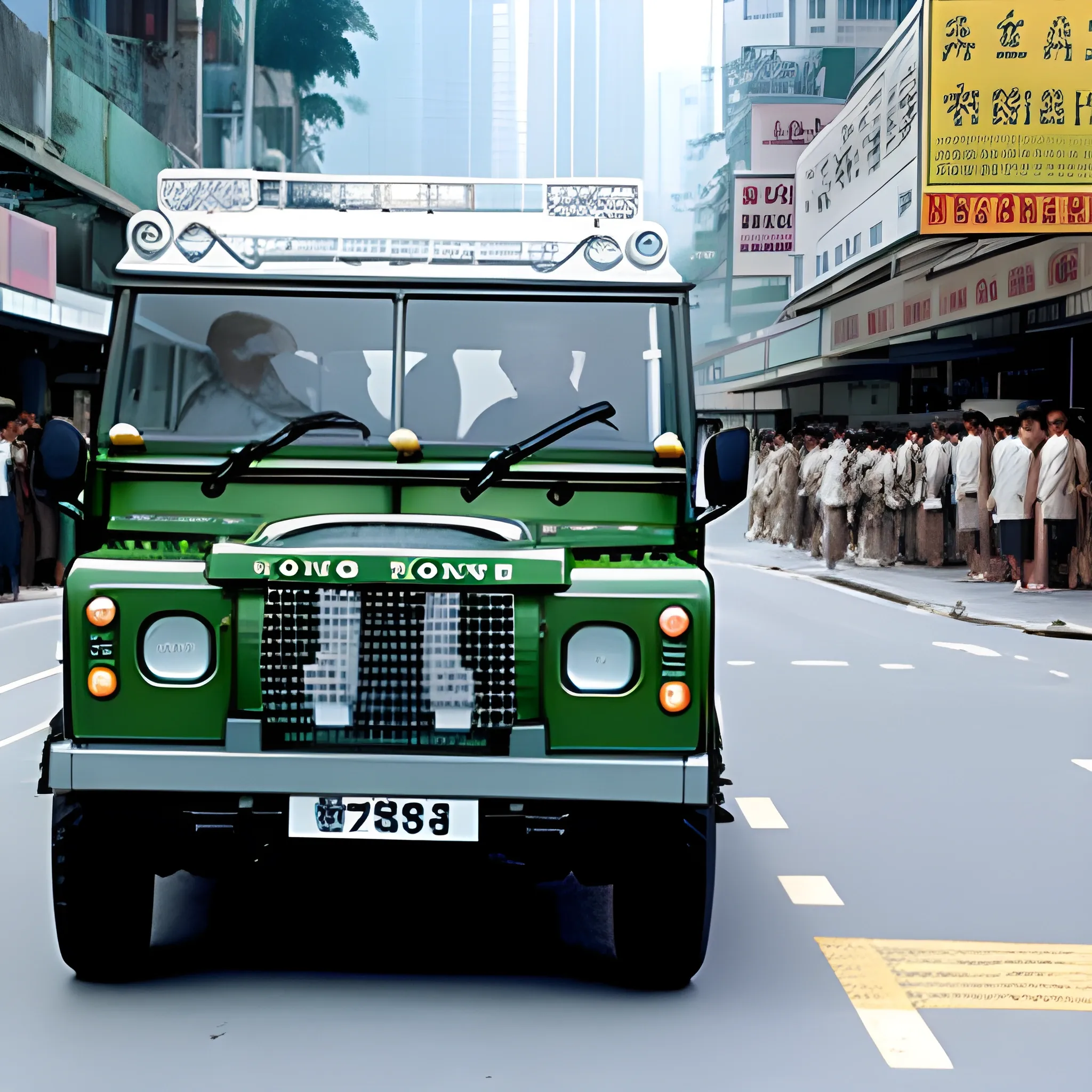 Royal Hong Kong police Land Rover driving through 1970's Hong Kong