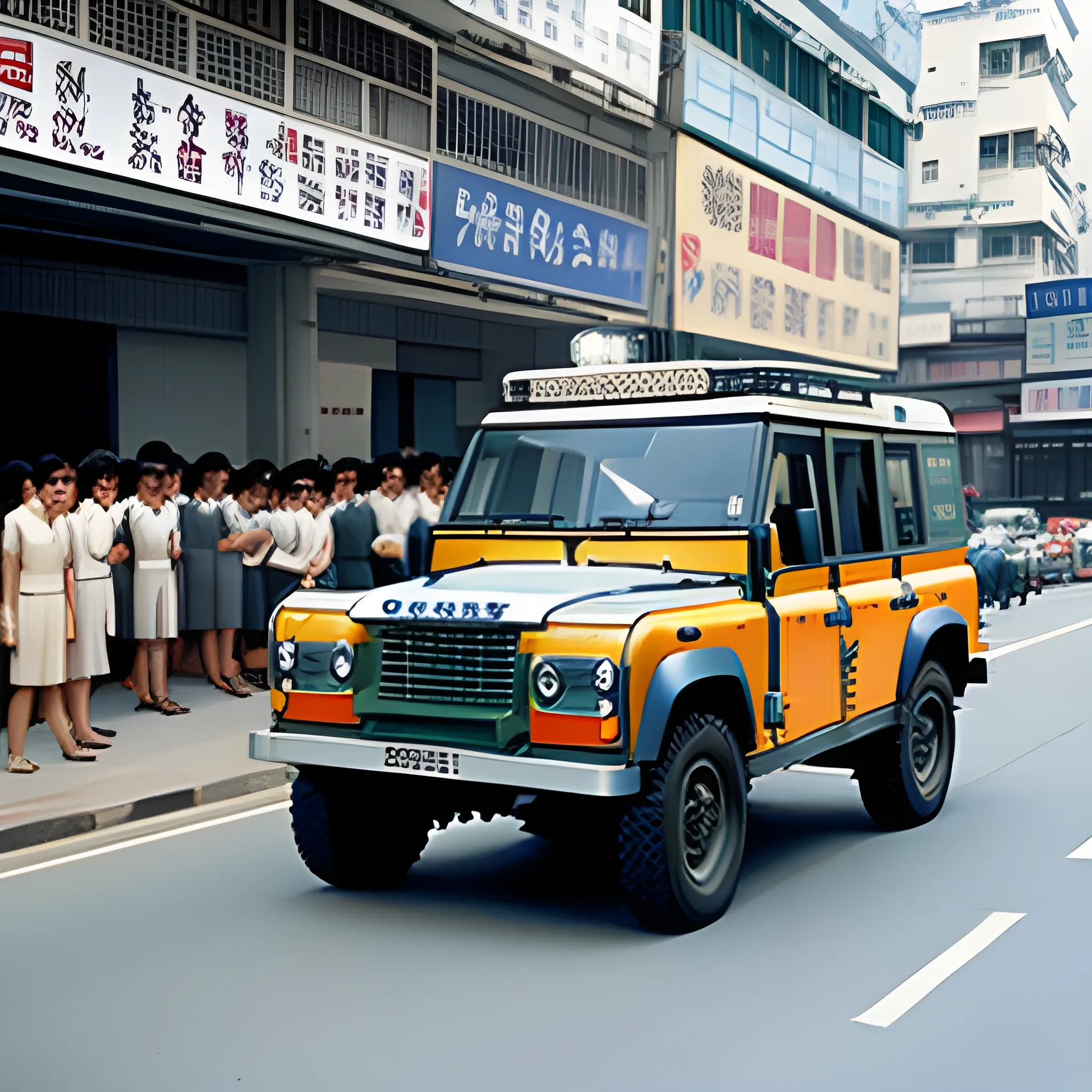 Royal Hong Kong police Land Rover driving through 1970's Hong Kong