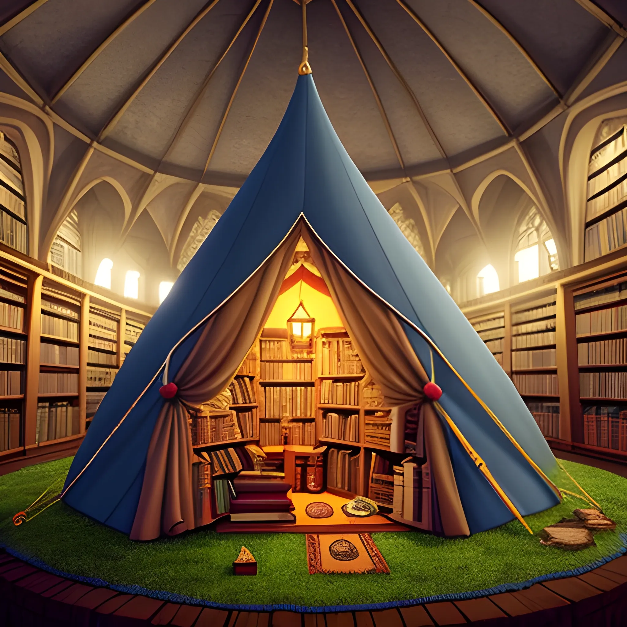 big medival tent with a library, in front of a big high medival city and a gnome. by magic the Inside is bigger then the outside