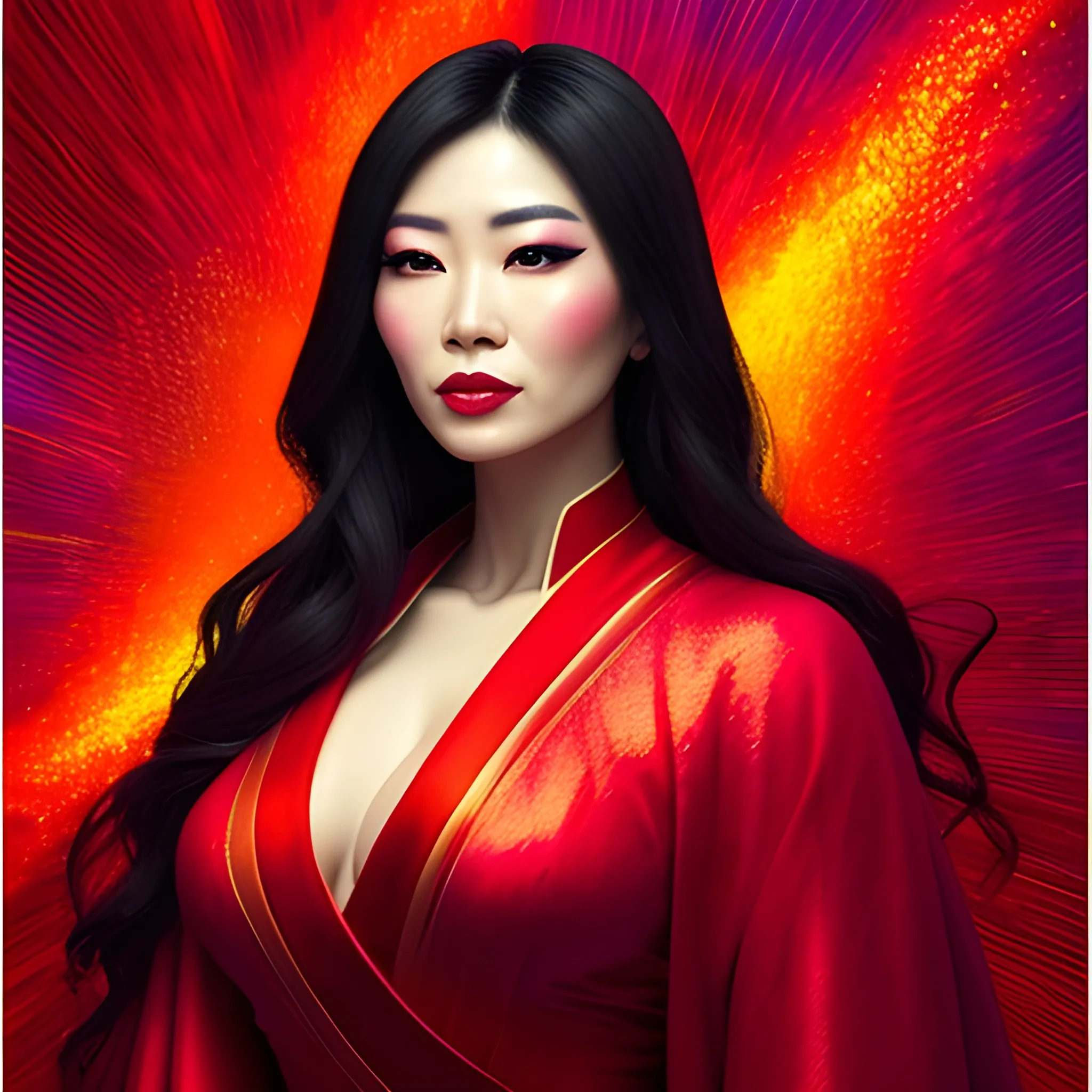 a asian girl, shrouded in a mystical glow, stands in the center of a red background that seems to pulsate and come to life around her. this portrait is a hymn to the color red in all its diversity and depth. - background aesthetics: the background is not just red, it shimmers in all shades, from rich burgundy to bright scarlet, creating the illusion of movement and life. it's not just a color, it's a whole world of feelings and emotions