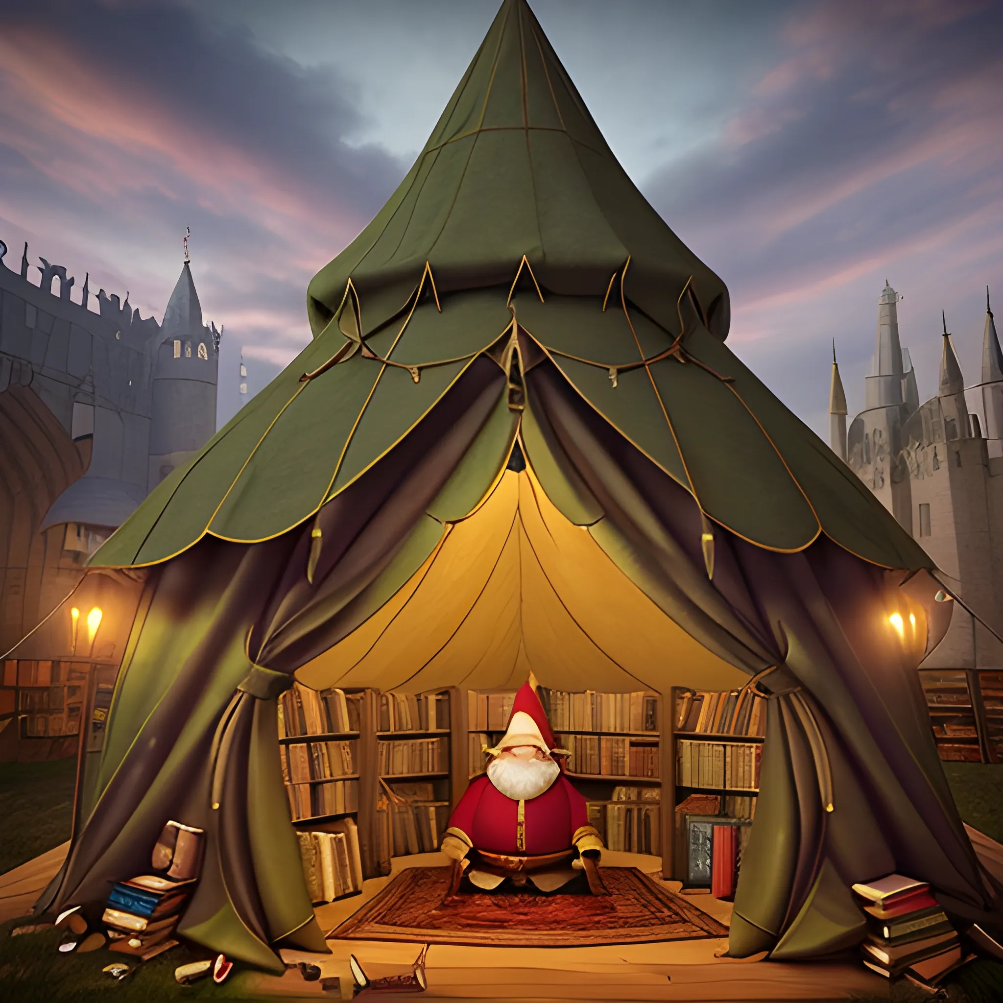 big medival tent with a library, in front of a big high medival city and a gnome. by magic the Inside is bigger then the outside