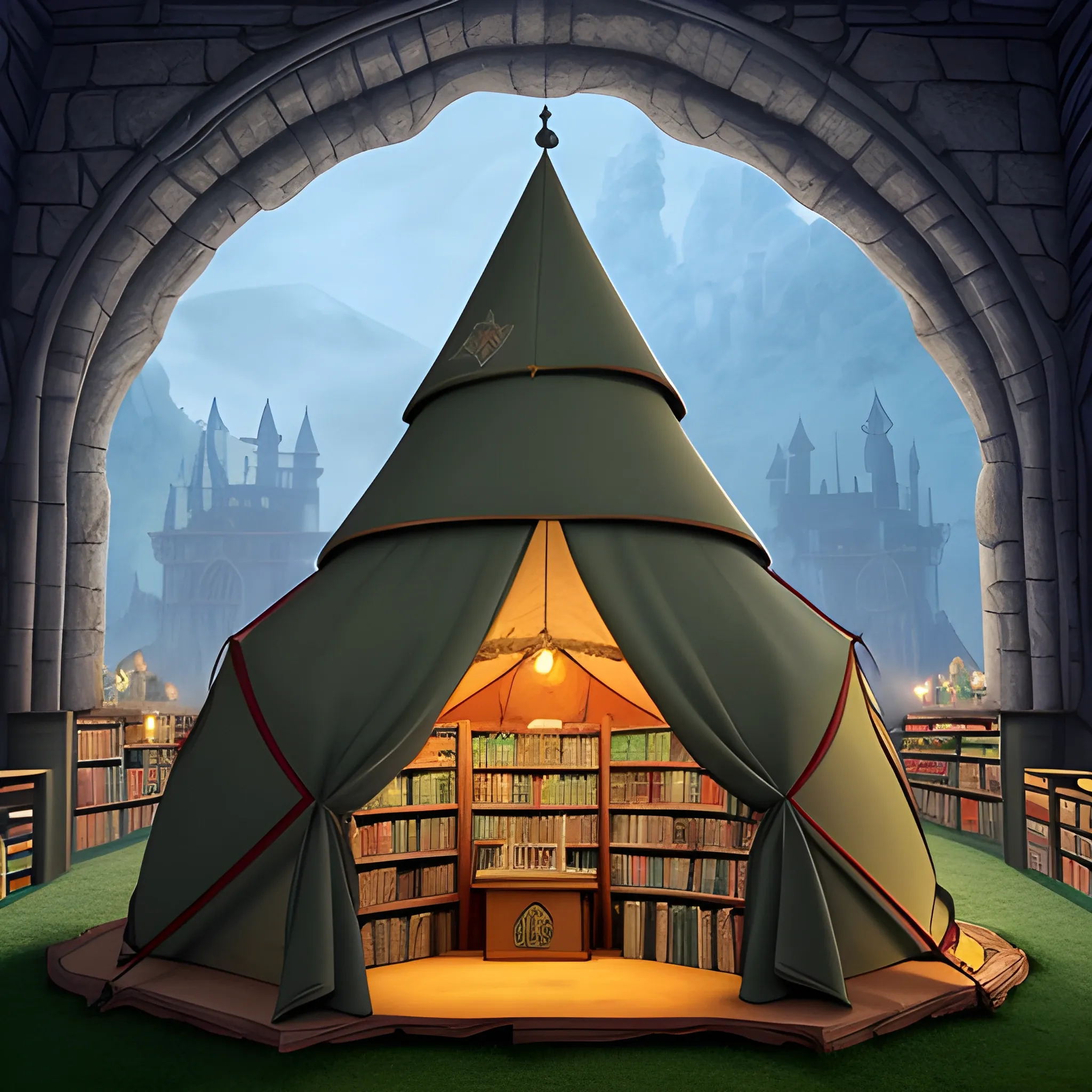 big medival tent with a library, in front of a big high medival city and a gnome. by magic the Inside is bigger then the outside