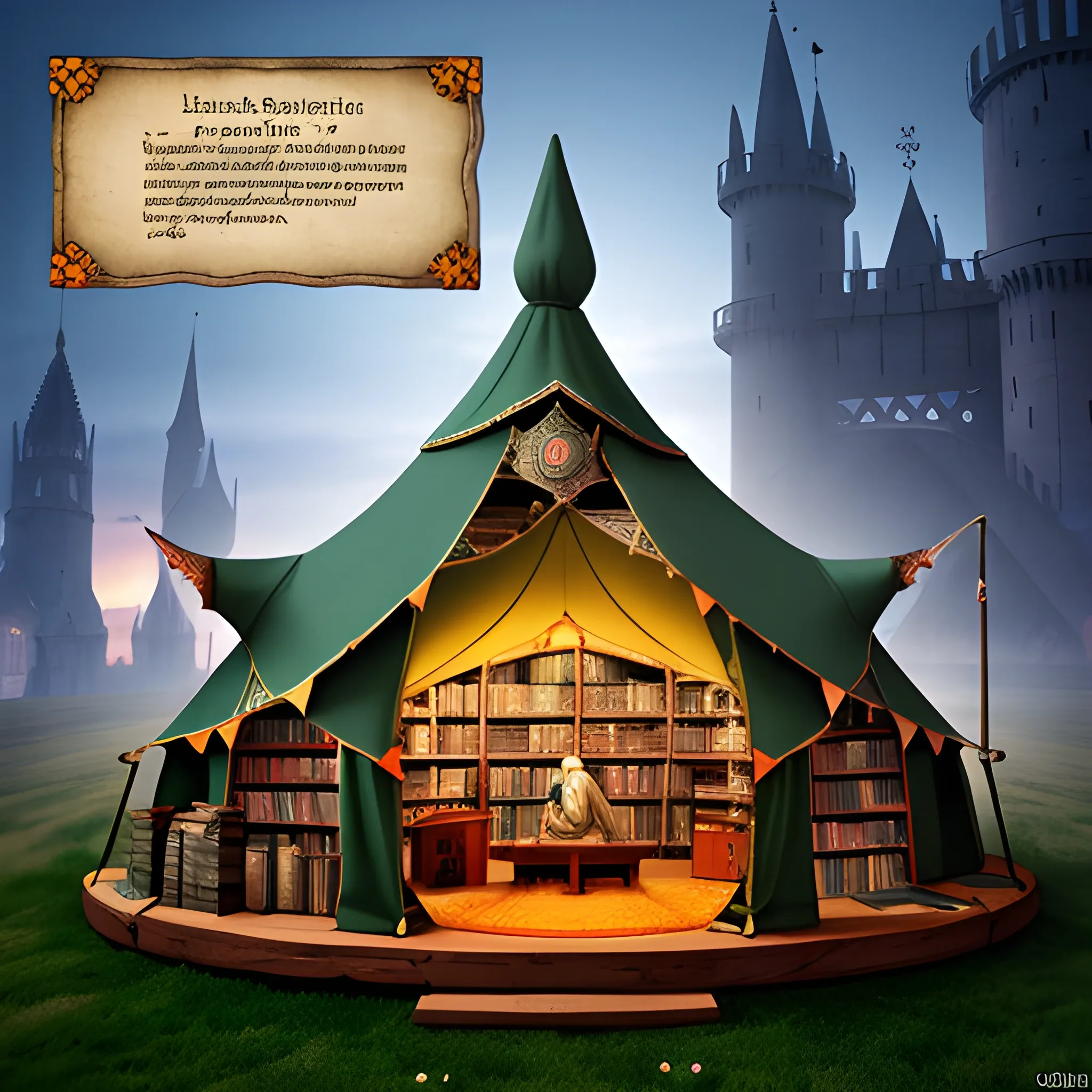 big medival tent with a library, in front of a big high medival city and a gnome. by magic the Inside is bigger then the outside