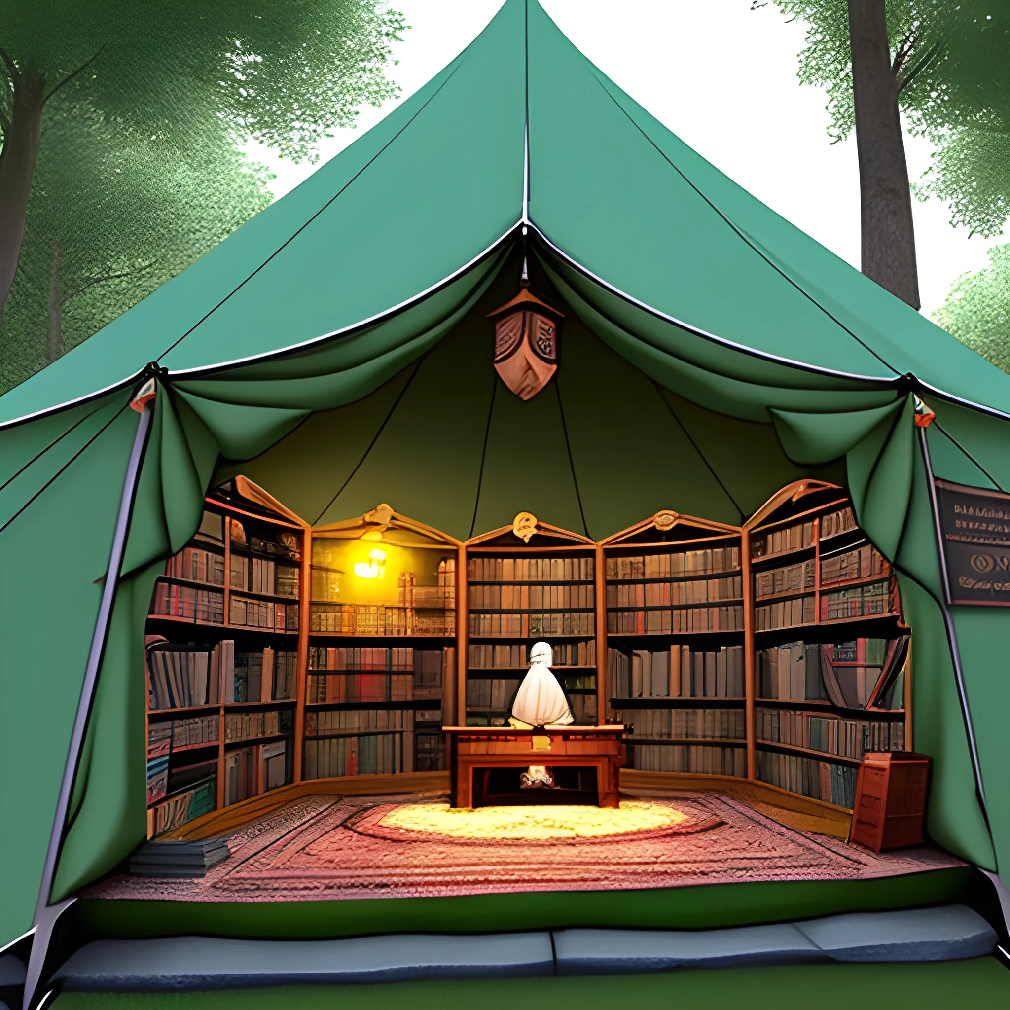 big medival tent with a library, in front of a big high medival city and a gnome. by magic the Inside is bigger then the outside