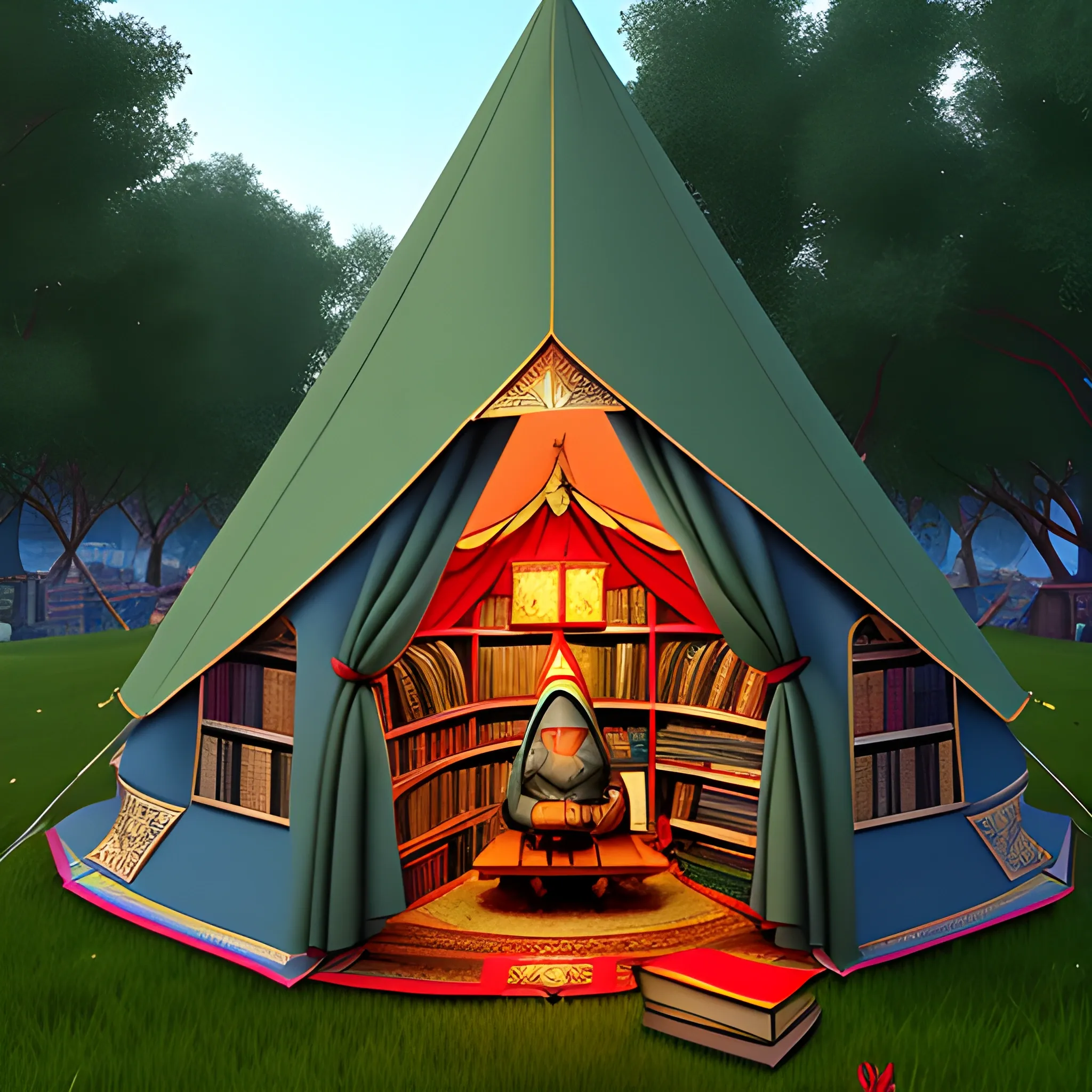 big medival tent with a library, in front of a big high medival city and a gnome. by magic the Inside is bigger then the outside