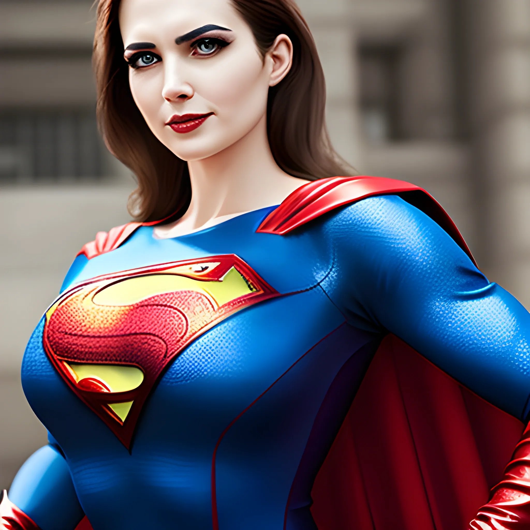 An elegant lady wearing a Superman costume, eye-catching detail, realistic ultra-detailed