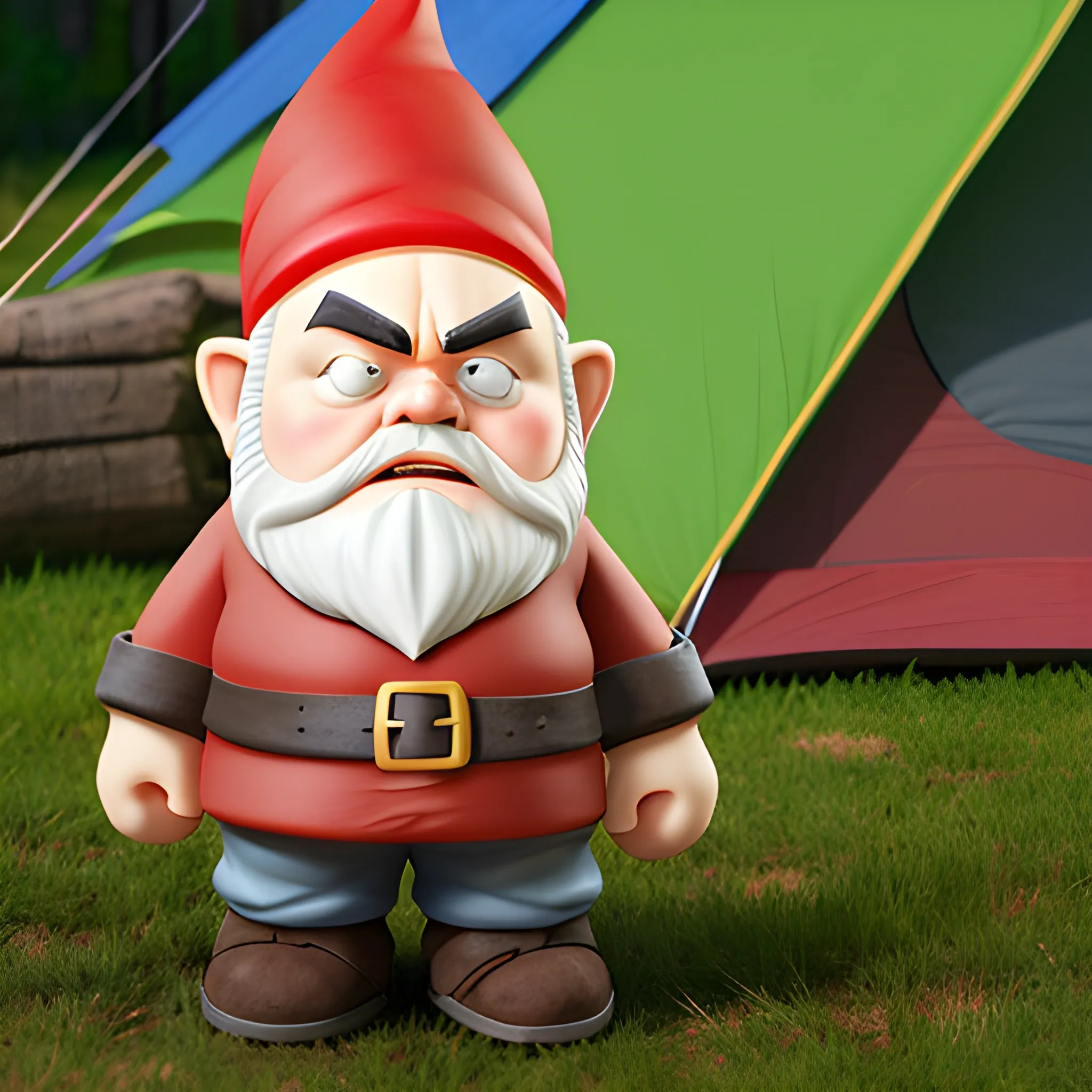 angry gnome infront of a tent