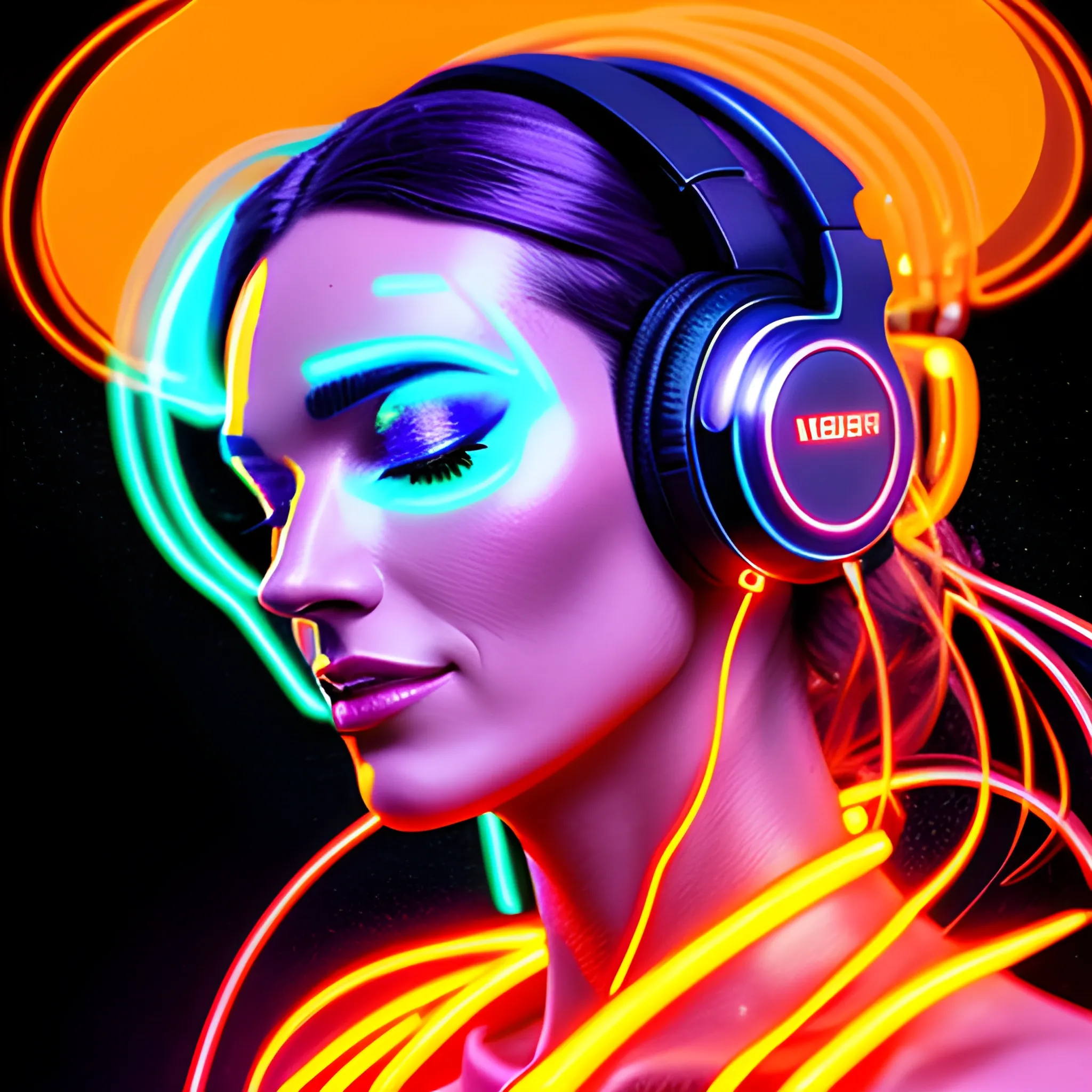 Neon light, close-up of a girl with headphones holding them with her hands, digital art, author Mike "Beeple" Winkelman, digital art, dress made of fire, a girl with headphones with her eyes closed, happiness on her face, red-orange glow, profile photo, multiple exposure, Martin Ansin, adobe illustrator, with headphones