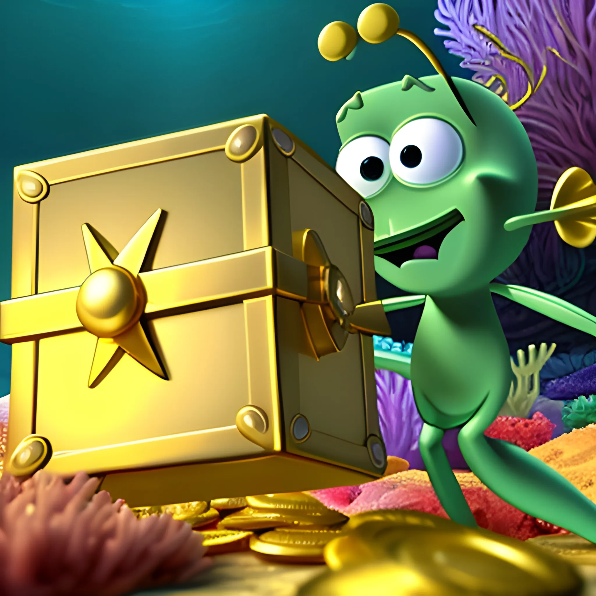 plankton opens a treasure box containing gold coins, marine life animated background. 3D, Cartoon