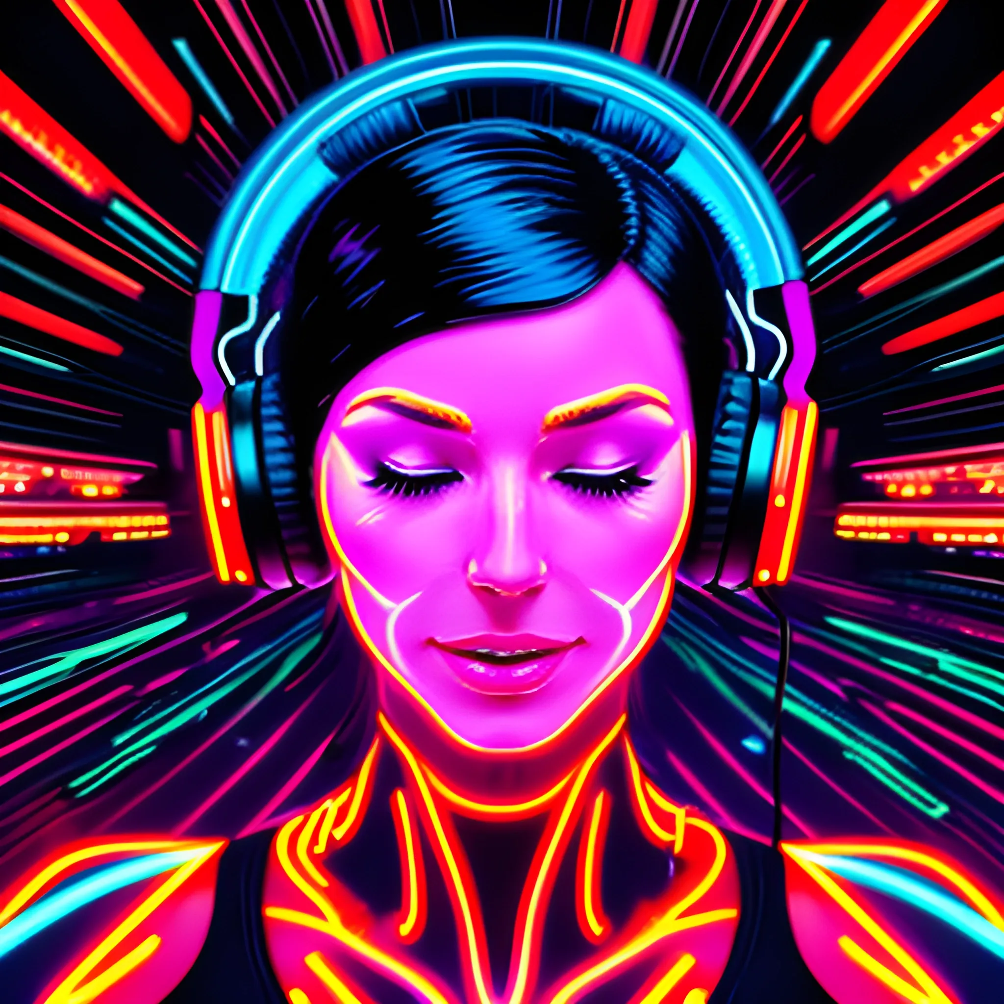 Neon light, close-up of a girl with headphones holding them with her hands, digital art, author Mike "Beeple" Winkelman, digital art, dress made of fire, a girl with headphones with her eyes closed, happiness on her face, red-orange glow, profile photo, multiple exposure, Martin Ansin, adobe illustrator, with headphones, Trippy