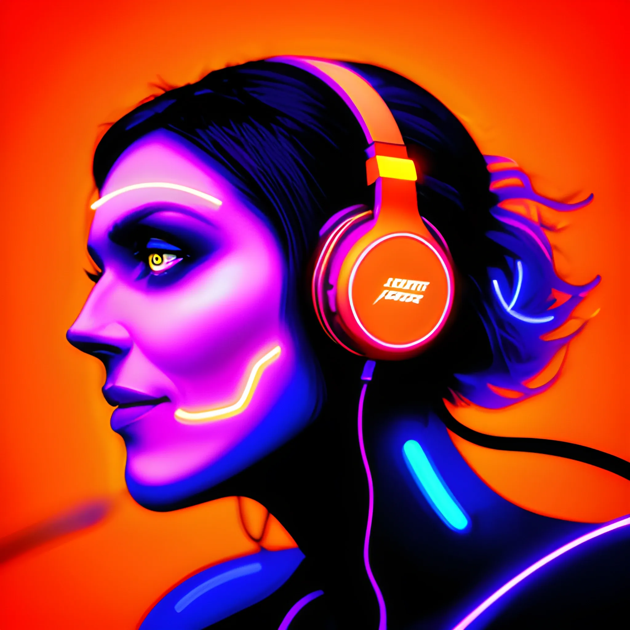 Neon light, close-up of a girl with headphones holding them with her hands, digital art, author Mike "Beeple" Winkelman, digital art, dress made of fire, a, happiness on her face, red-orange glow, profile photo, multiple exposure, Martin Ansin, adobe illustrator, with headphones, Trippy