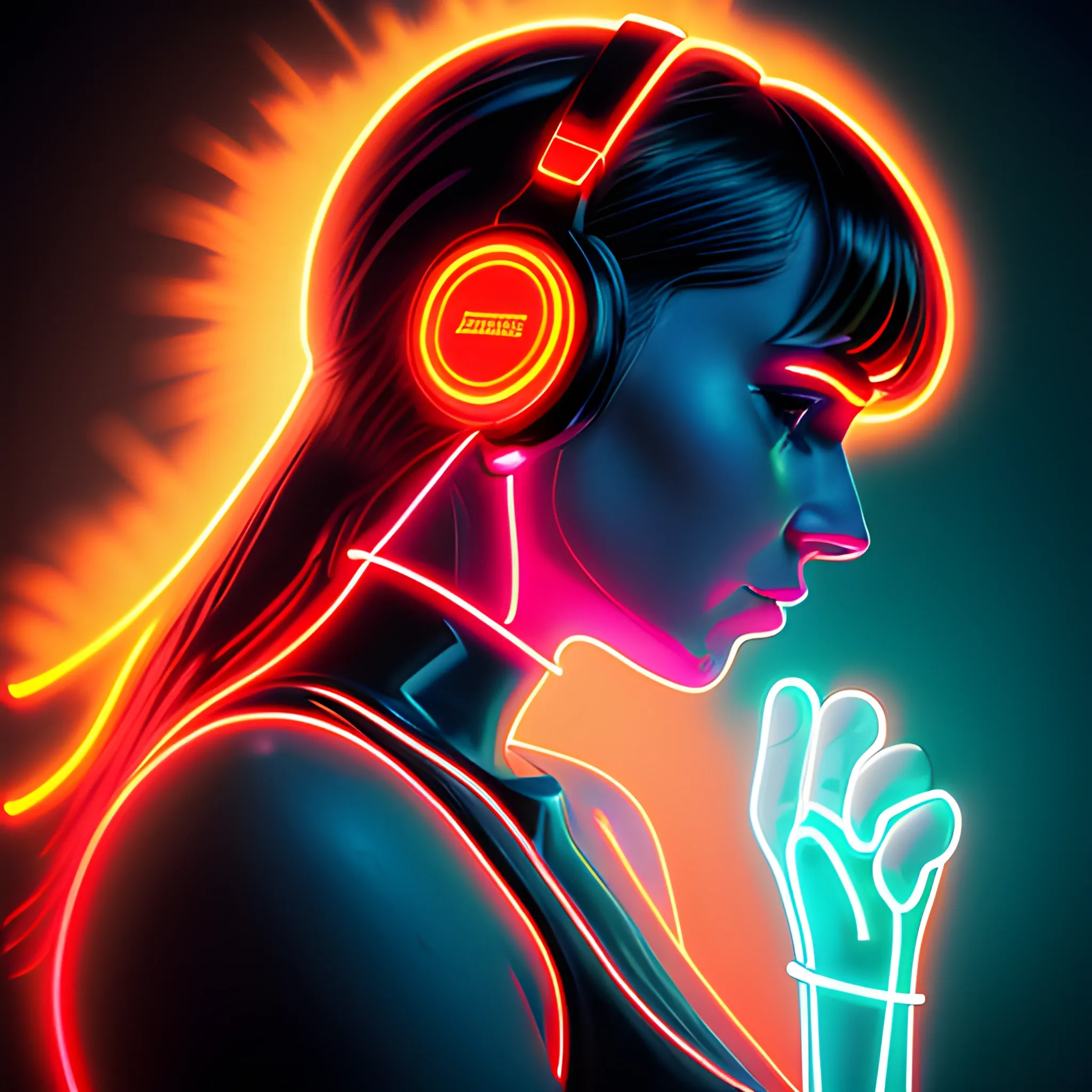 Neon light, close-up of a holding them with her hands, digital art, author Mike "Beeple" Winkelman, digital art, dress made of fire, a, happiness on her face, red-orange glow, profile photo, multiple exposure, Martin Ansin, adobe illustrator, with headphones, Trippy