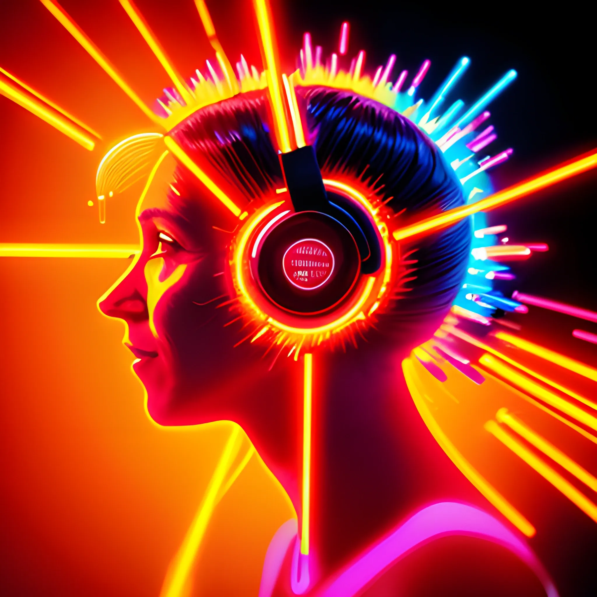 Neon light, digital art, author Mike "Beeple" Winkelman, digital art, dress made of fire, a, happiness on her face, red-orange glow, profile photo, multiple exposure, Martin Ansin, adobe illustrator, with headphones, Trippy