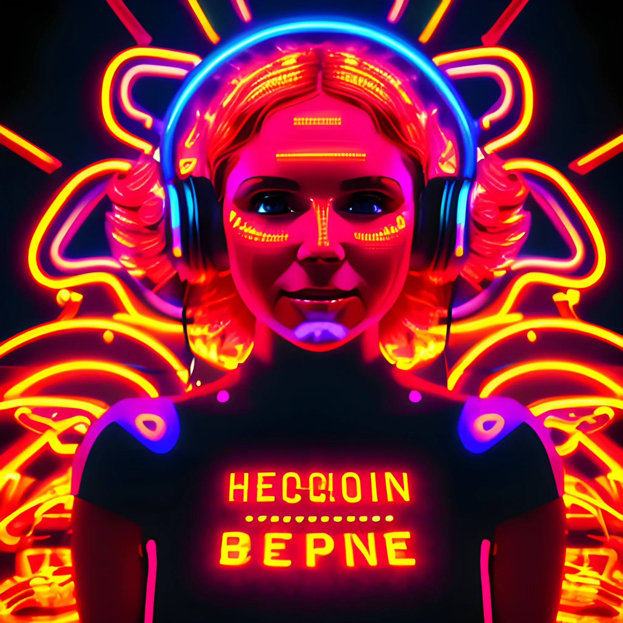 Neon light, digital art, author Mike "Beeple" Winkelman, digital art, dress made of fire, a, happiness on her face, red-orange glow, multiple exposure, Martin Ansin, adobe illustrator, with headphones, Trippy