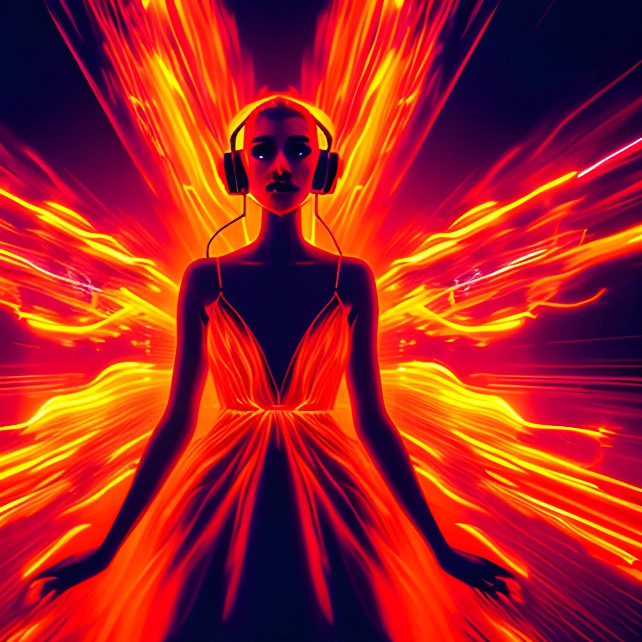 Neon light, digital art, dress made of fire, a,red-orange glow, multiple exposure, Martin Ansin,  with headphones, Trippy