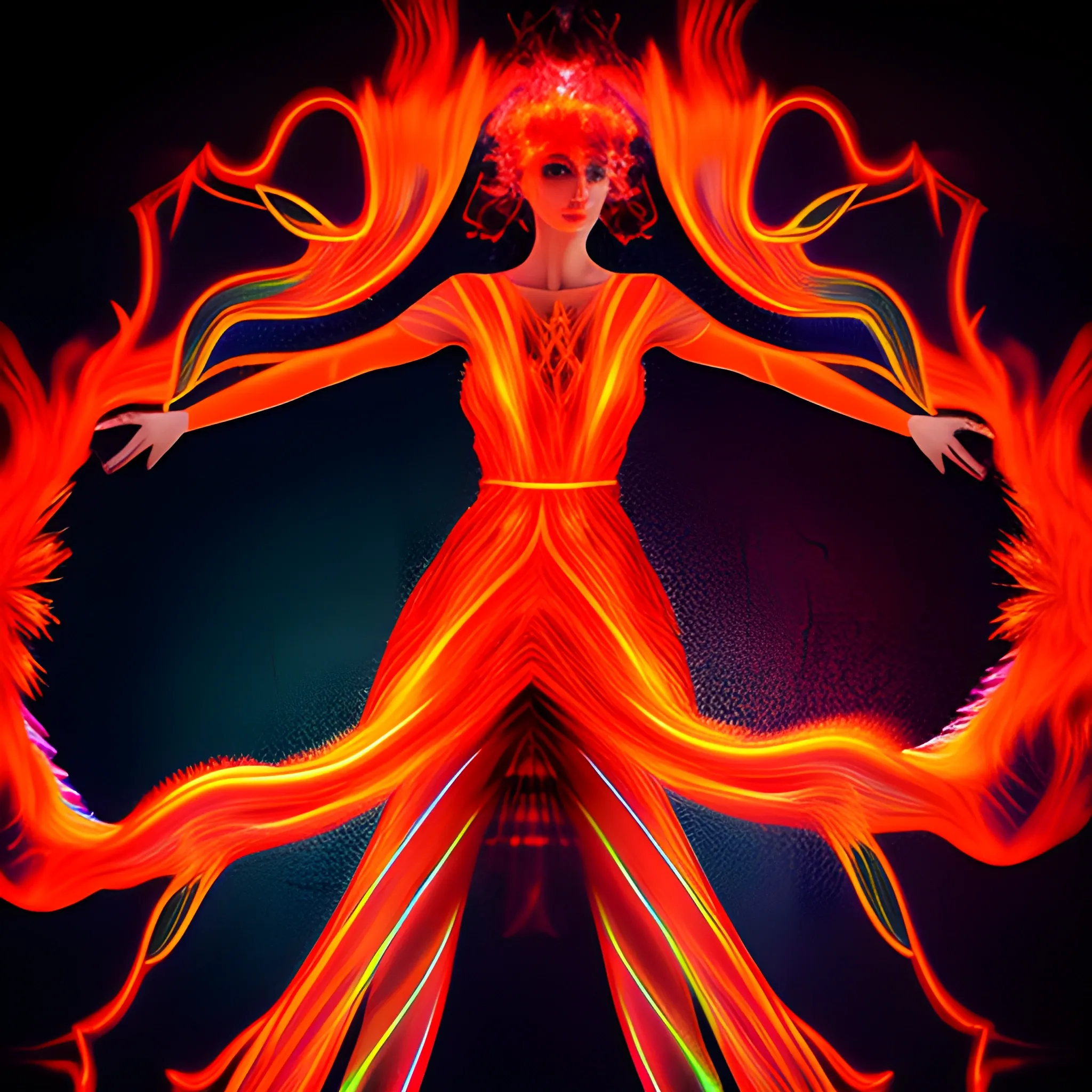 Neon light, digital art, dress made of fire, a,red-orange glow, multiple exposure, Trippy