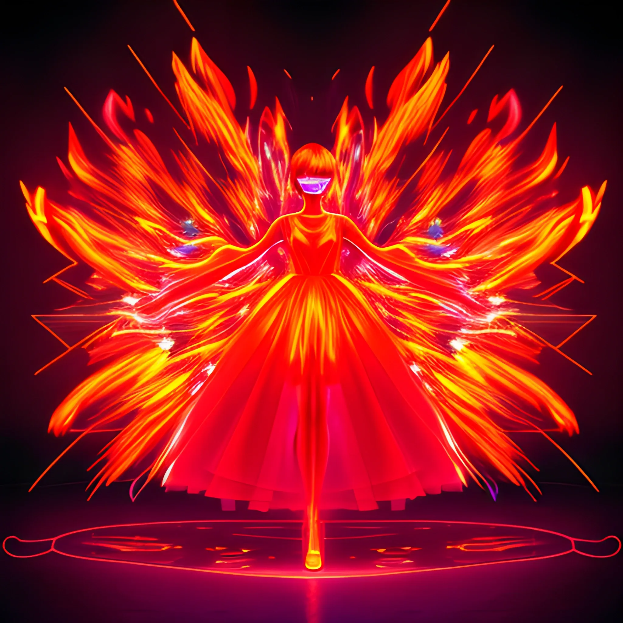 Neon light, digital art, dress made of fire, a,red-orange glow, multiple exposure, Trippy, Cartoon