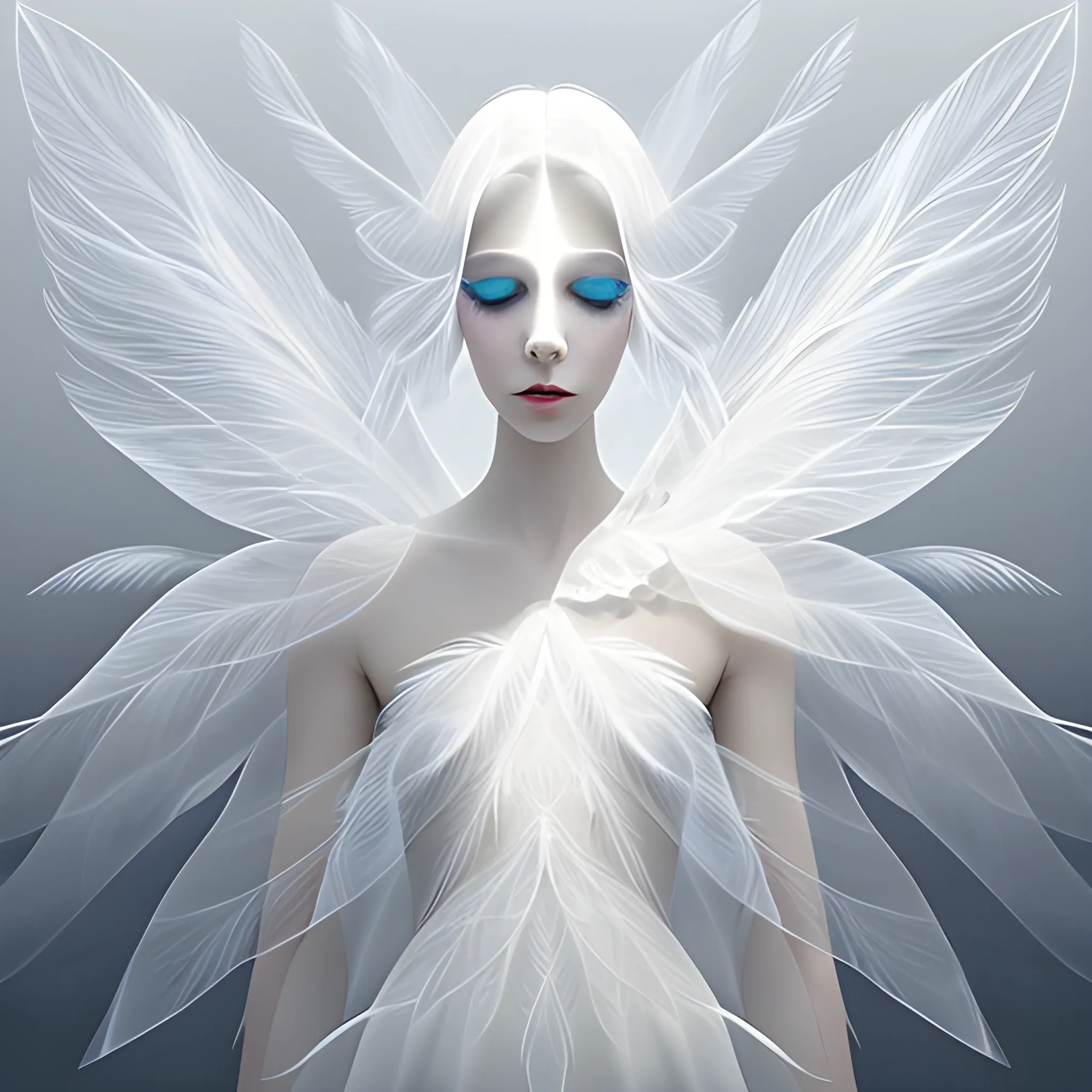 White background. White fairy bird, skin texture: delicate feathers, eye focus, eyelashes made of thin white feathers, abstraction, fog, transparent veil, white color on a white background, shadow play,digital art, Trippy