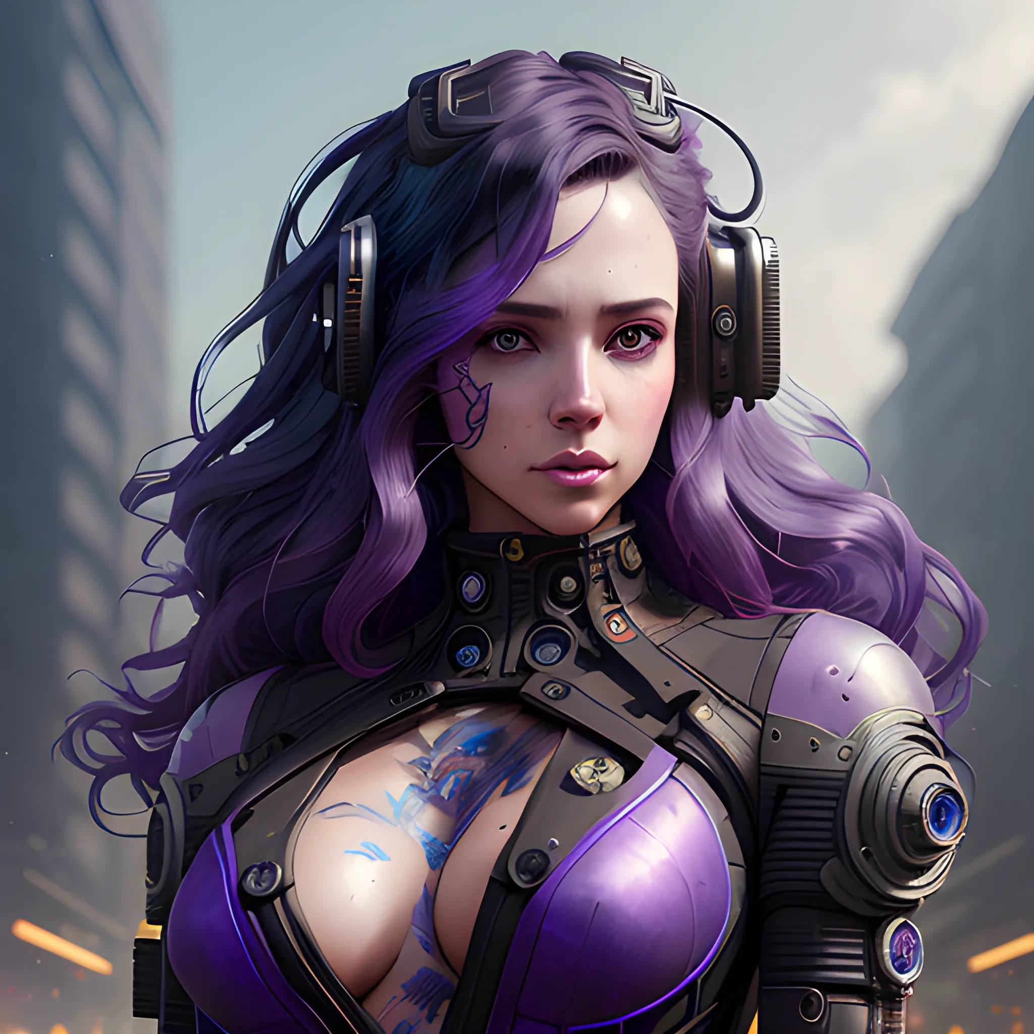 a beautiful landscape of a cute cyberpunk beautiful woman long curly brunete hair by sandra chevrier and greg rutkowski and wlop, purple blue dark color scheme, high key lighting, volumetric light, digital art, highly detailed, fine detail, intricate, ornate, complex, octane render, unreal engine, photorealistic