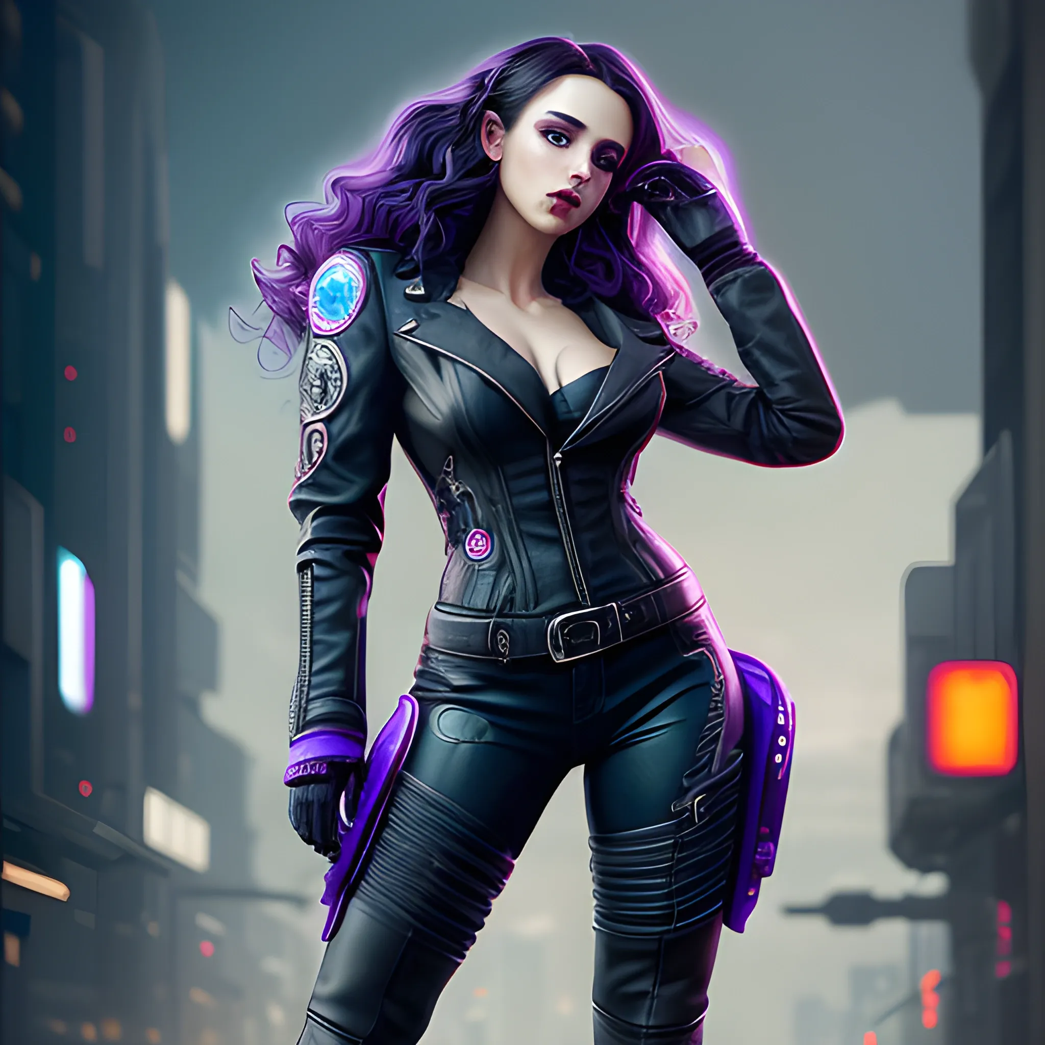 a beautiful landscape of a cute cyberpunk beautiful woman long curly brunete hair, full body, wears black leather jacket, leather pants and high heels by sandra chevrier and greg rutkowski and wlop, purple blue dark color scheme, high key lighting, volumetric light, digital art, highly detailed, fine detail, intricate, ornate, complex, octane render, unreal engine, photorealistic