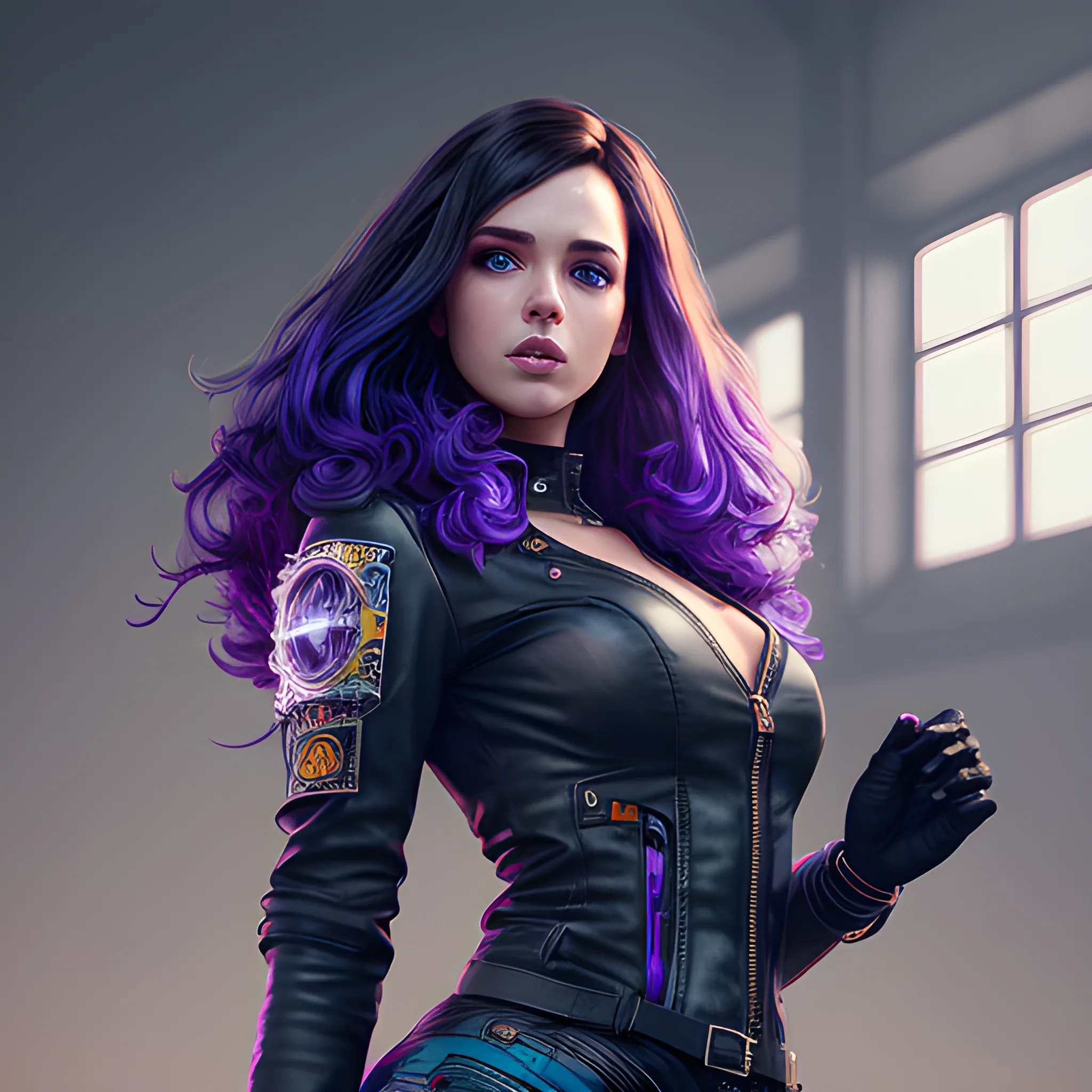 a beautiful landscape of a cute cyberpunk beautiful woman long curly brunete hair, full body, wears black short leather jacket, leather pants and high heels by sandra chevrier and greg rutkowski and wlop, purple blue dark color scheme, high key lighting, volumetric light, digital art, highly detailed, fine detail, intricate, ornate, complex, octane render, unreal engine, photorealistic