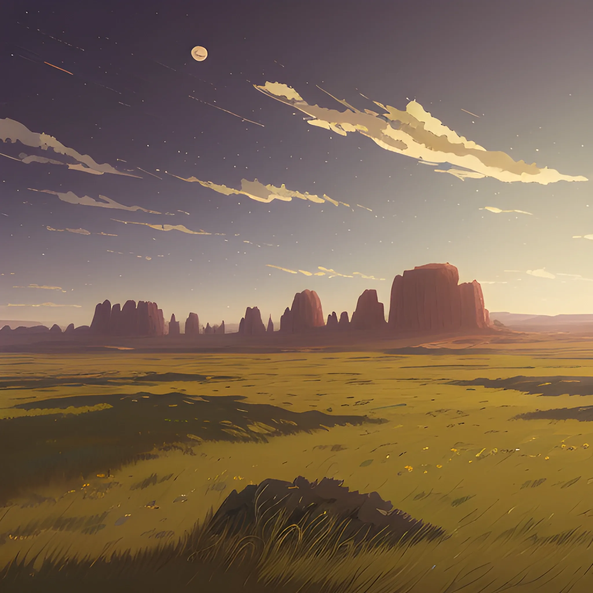 close-up of large space of barren land with some grass... in the style of makoto shinkai and greg rutkowski and albert bierstadt and james gurney