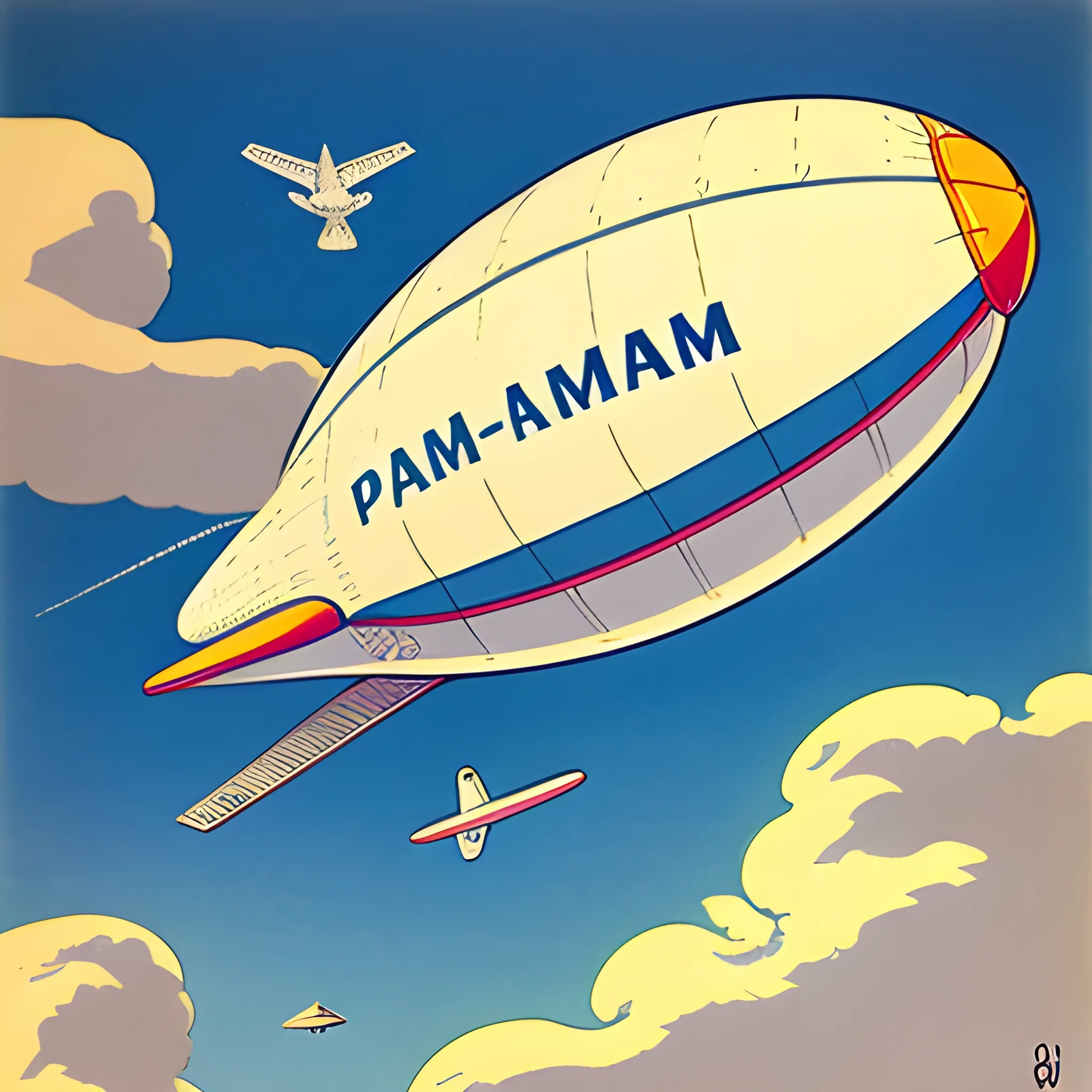 1960's blimp, with thee words ' Pan-Am' across a blimp flying through the clouds, drawn in Jean Giraud's art style, bird's eye view