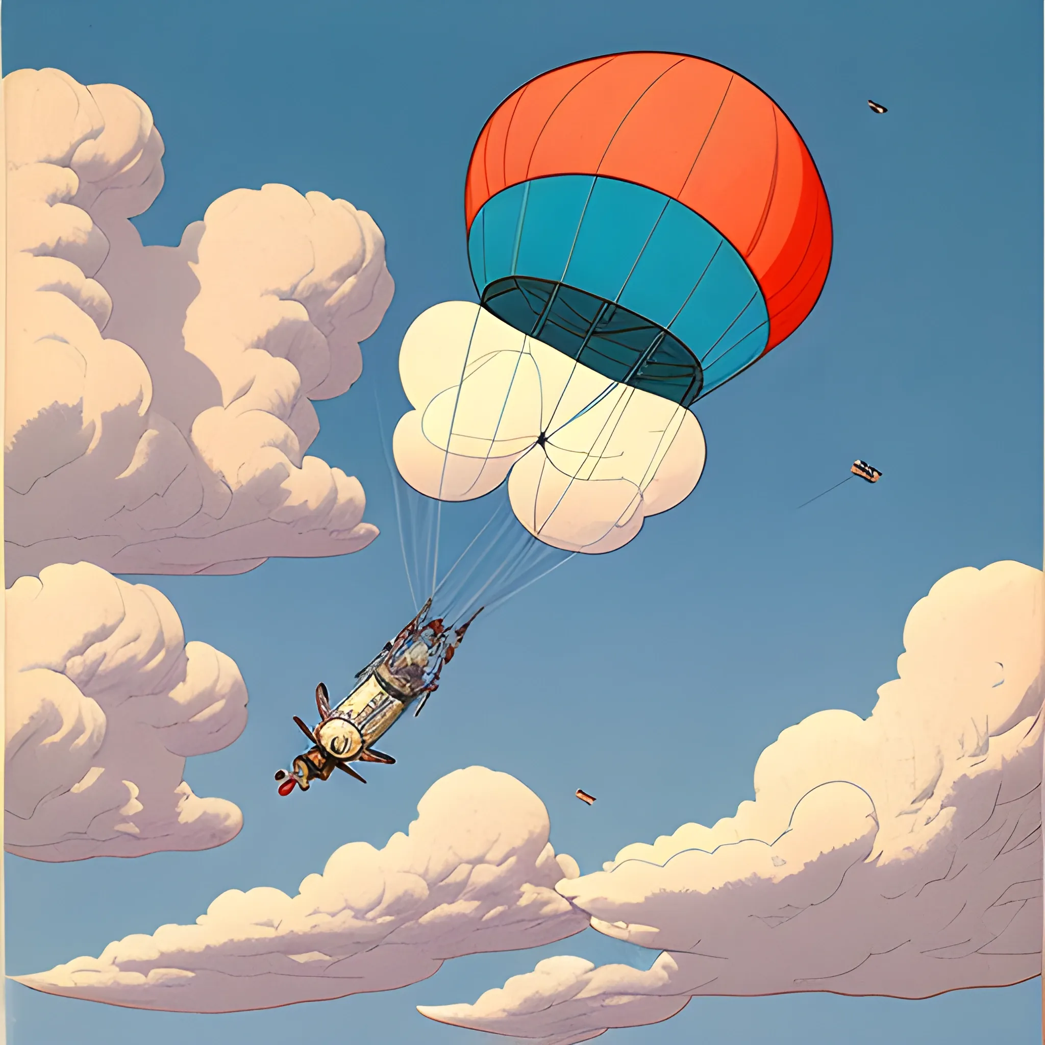 1960's military spy balloon with pilot, flying through the clouds, side view, drawn in Jean giraud's art style 